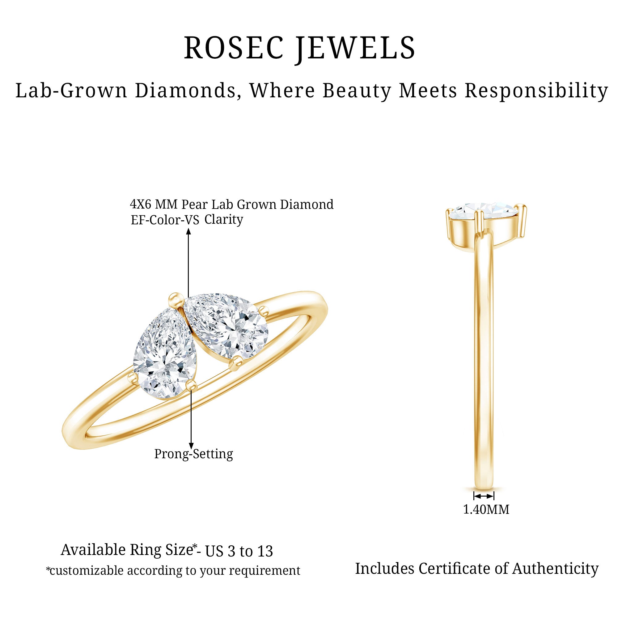 Certified Lab Grown Diamond 2 Stone Promise Ring Lab - ( EF-VS ) - Rosec Jewels
