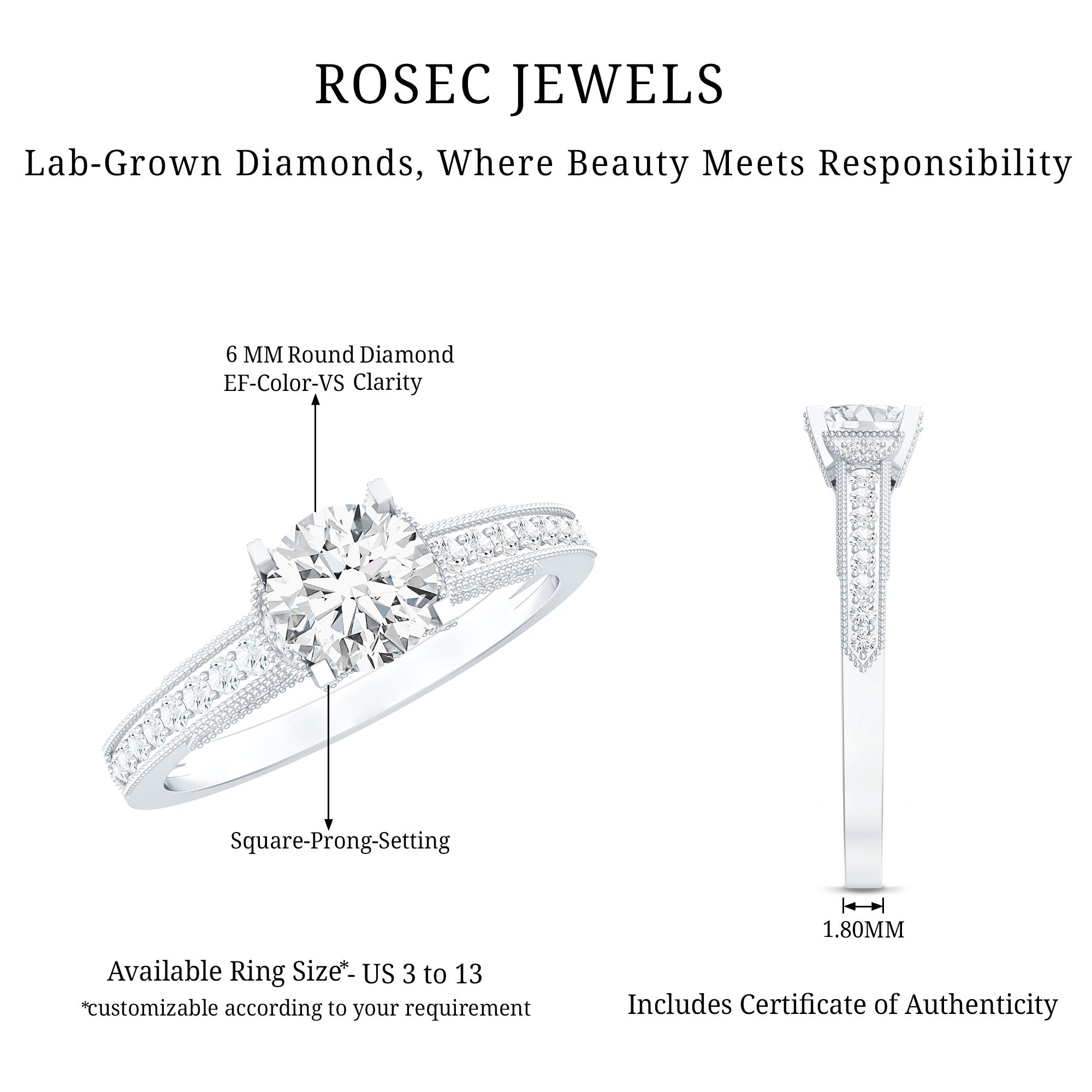 Certified Lab Grown Diamond 6 MM Round Engagement Ring With Side Stones Lab - ( EF-VS ) - Rosec Jewels