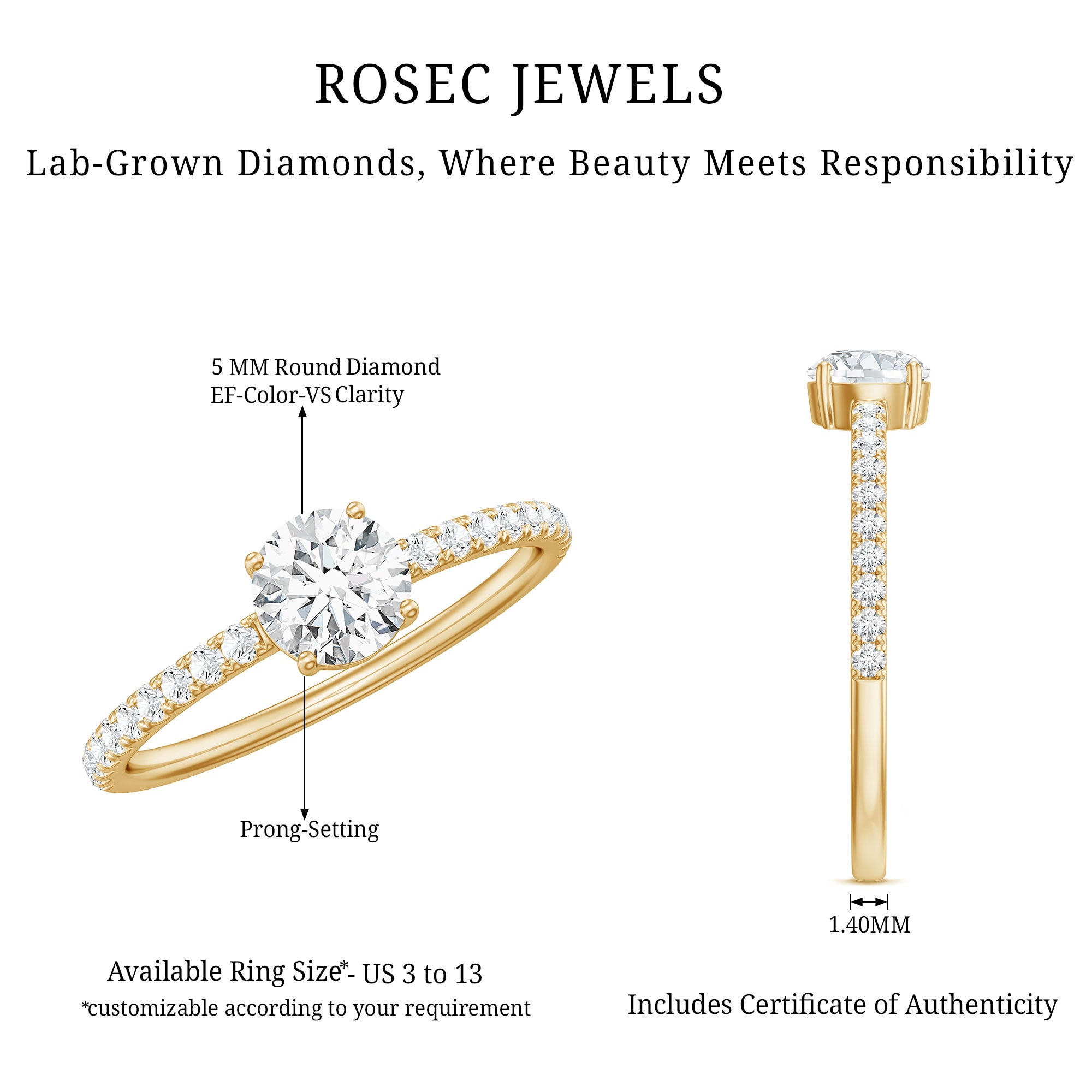 Certified 5 MM Lab Grown Diamond Engagement Ring With Side Stones Lab - ( EF-VS ) - Rosec Jewels
