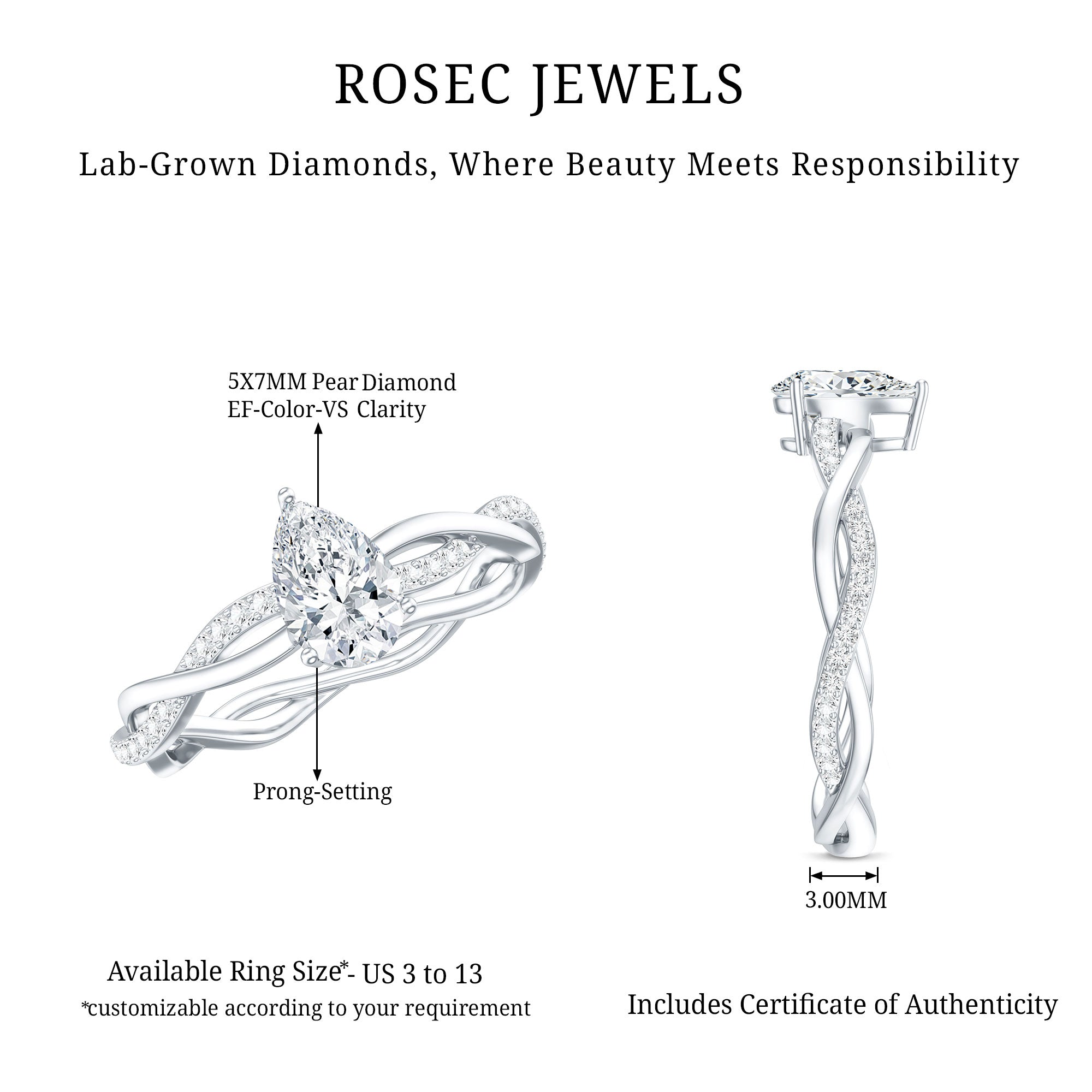 Rosec Jewels-Lab Grown Diamond 5X7 MM Pear Shaped Engagement Ring