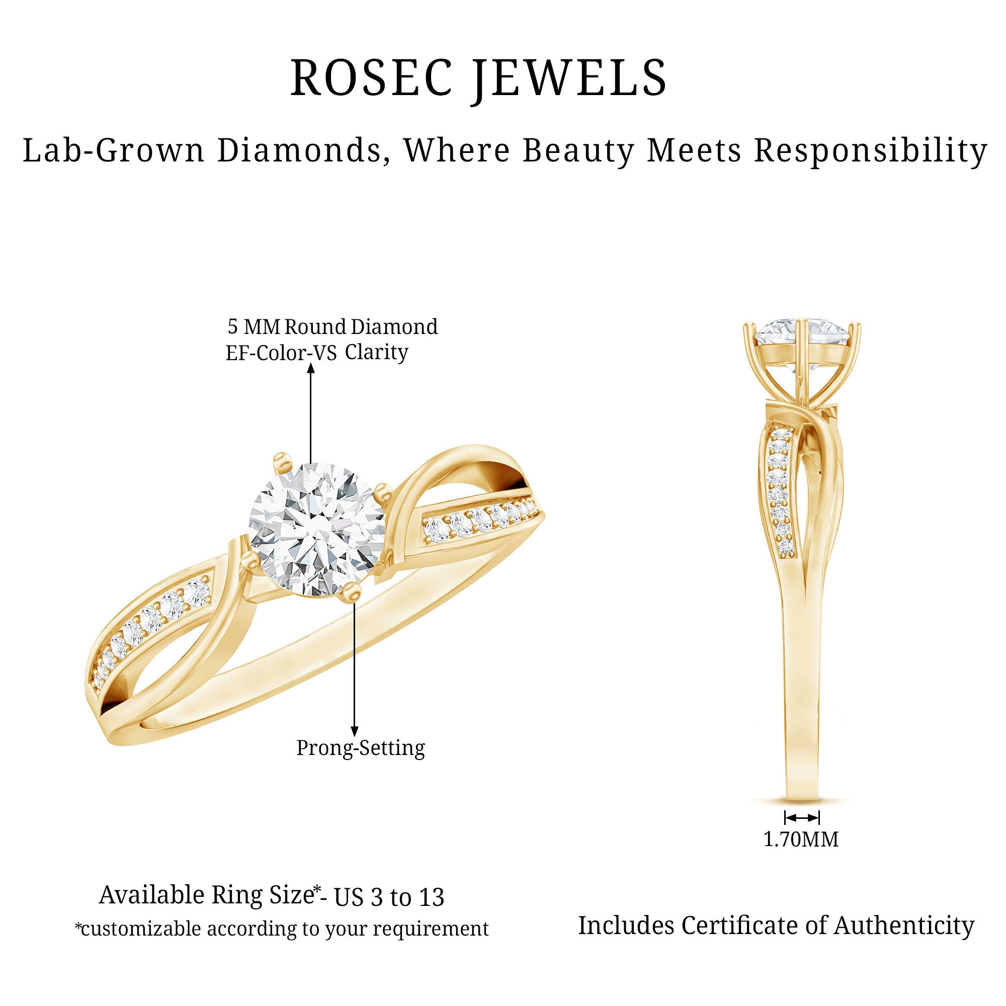 Certified Lab Grown Diamond 5 MM Infinity Engagement Ring Lab - ( EF-VS ) - Rosec Jewels