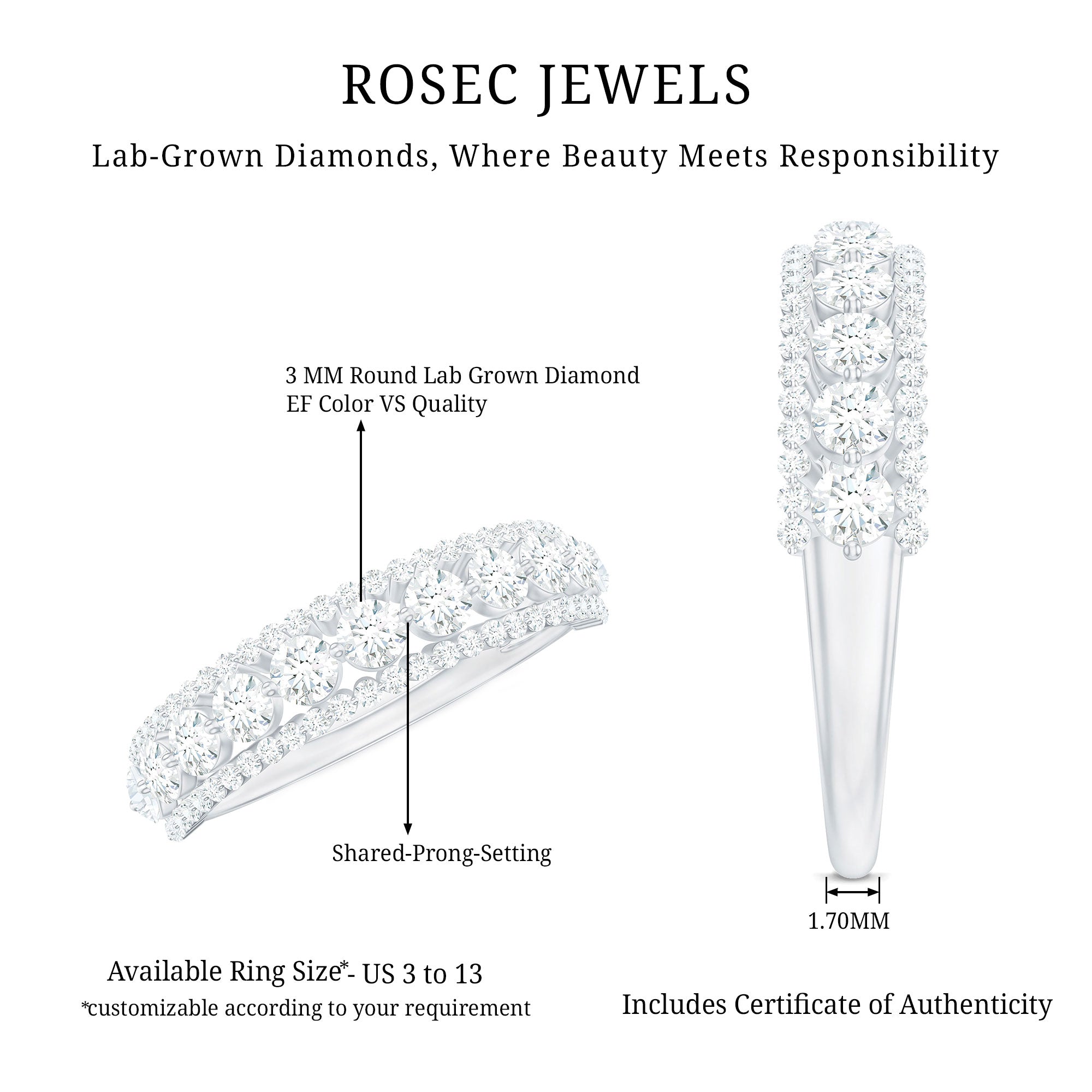 Classic Lab Grown Diamond Half Eternity Wedding Band for Women Lab - ( EF-VS ) - Rosec Jewels
