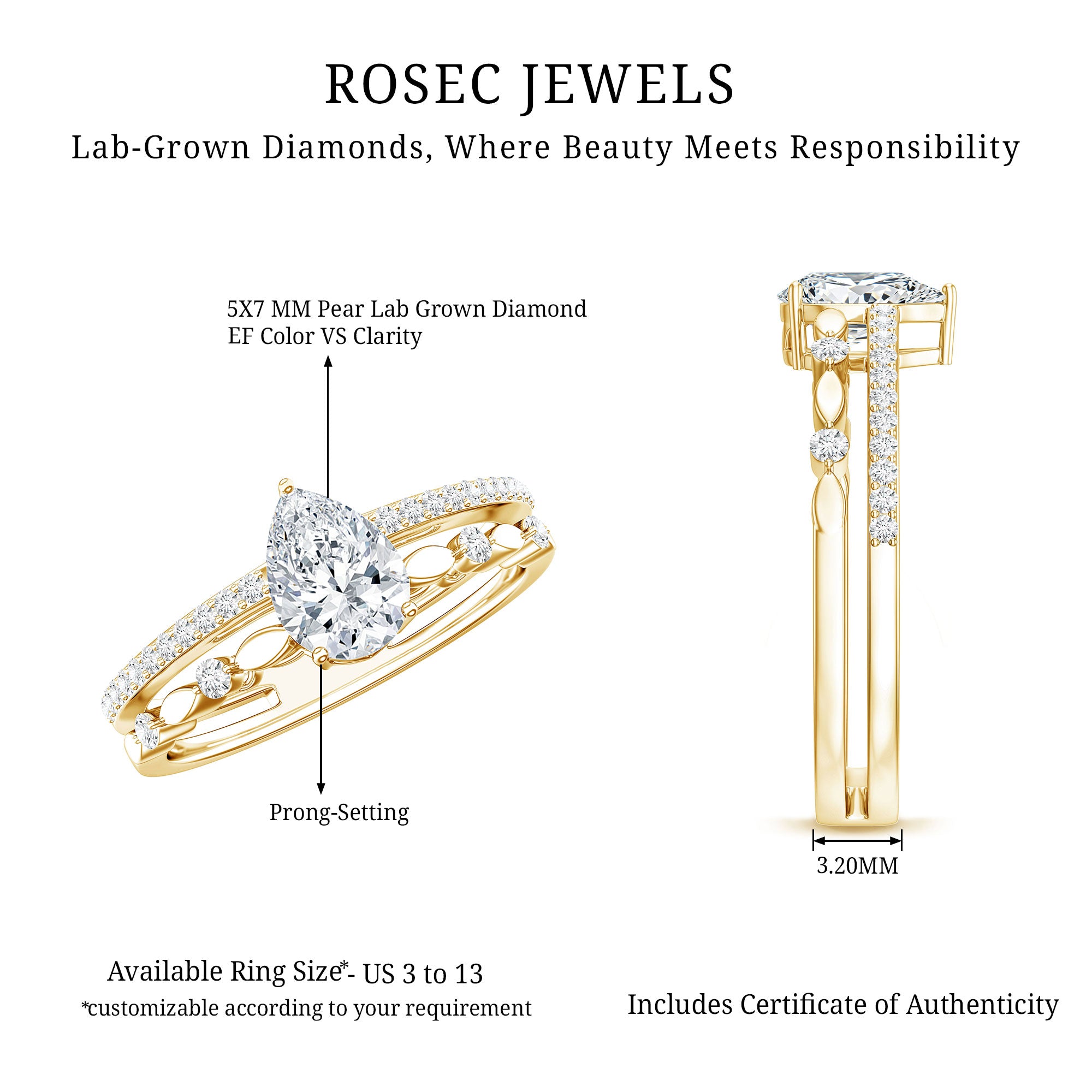 Certified Lab Grown Diamond 5X7 MM Teardrop Double Band Engagement Ring Lab - ( EF-VS ) - Rosec Jewels