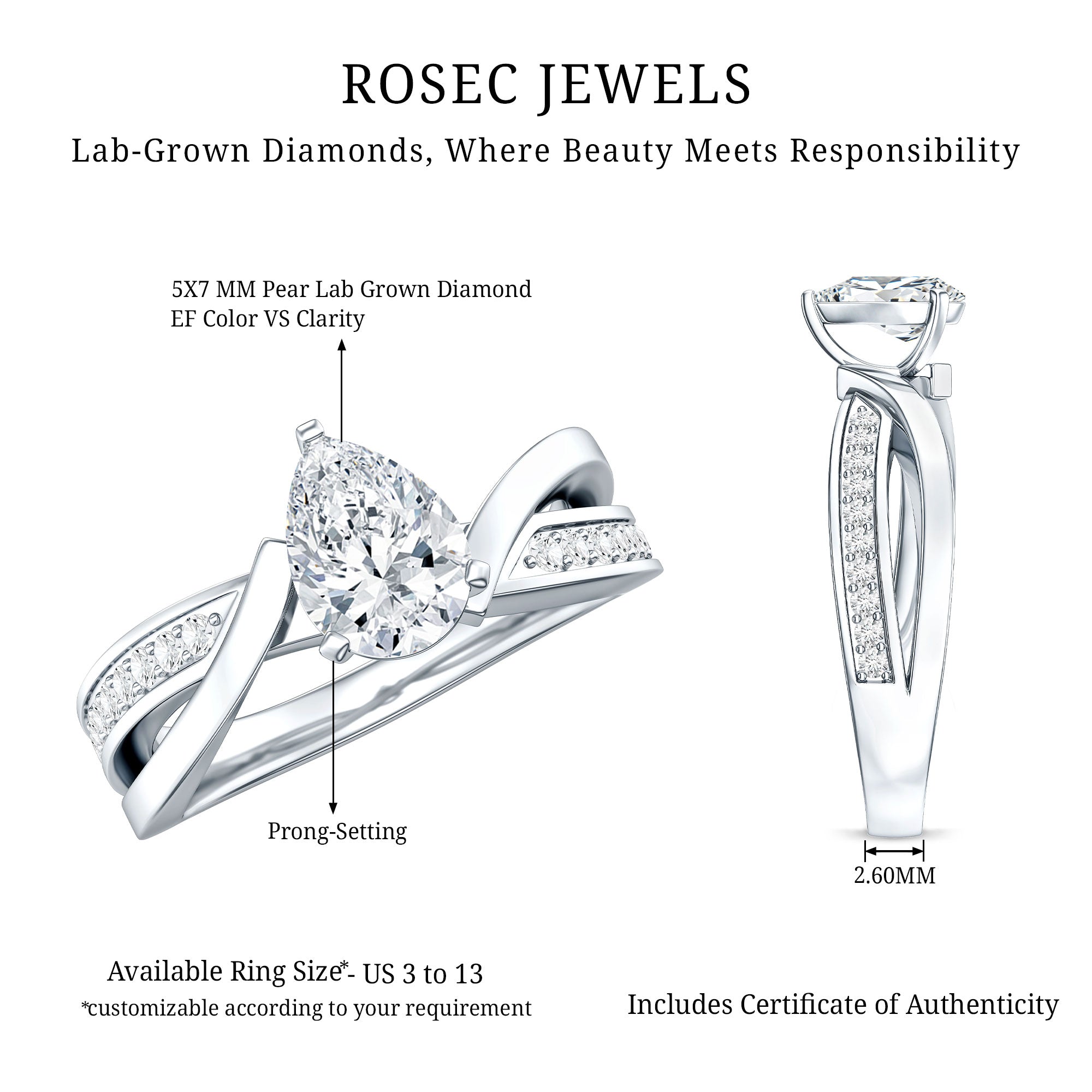Certified Lab Grown Diamond 5X7 MM Pear Shaped Engagement Ring Lab - ( EF-VS ) - Rosec Jewels