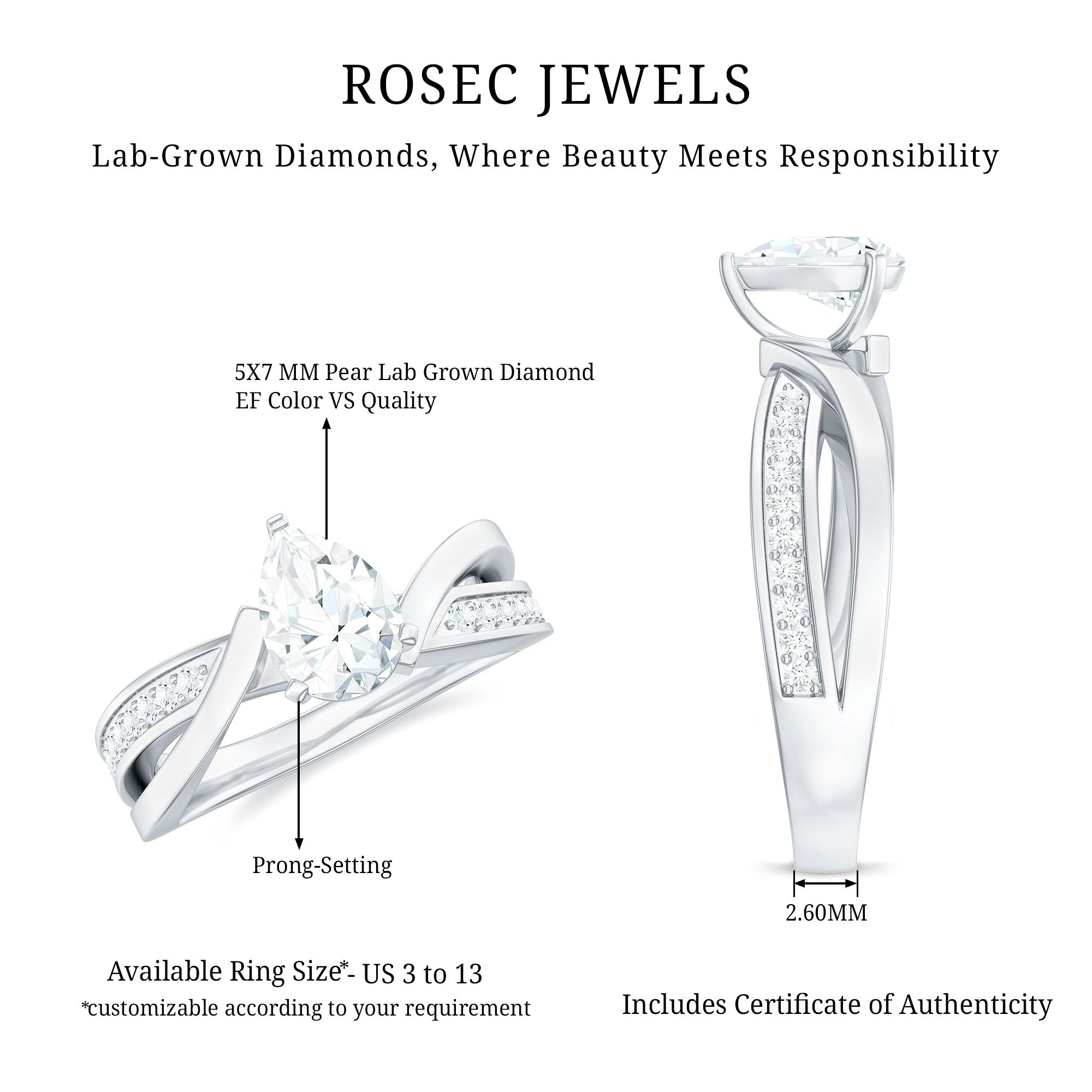 Certified Lab Grown Diamond 5X7 MM Pear Shaped Engagement Ring Lab - ( EF-VS ) - Rosec Jewels