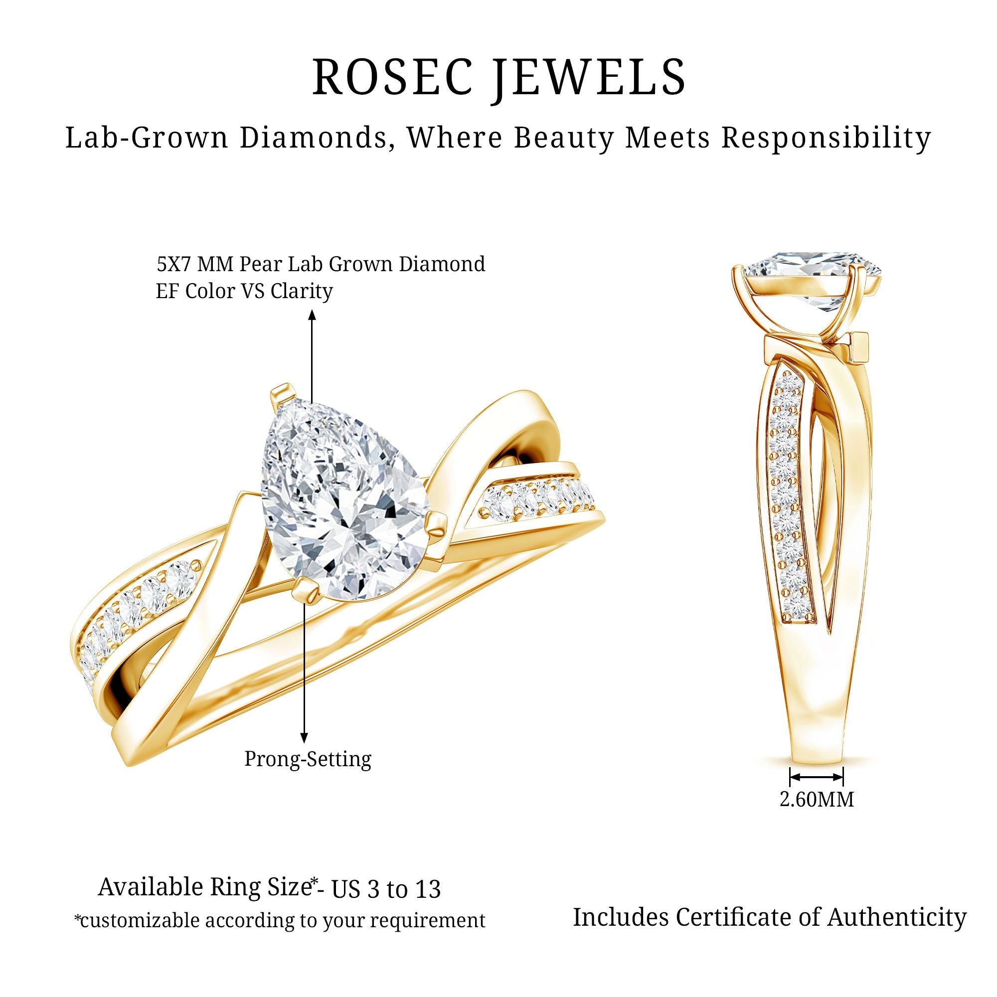 Certified Lab Grown Diamond 5X7 MM Pear Shaped Engagement Ring Lab - ( EF-VS ) - Rosec Jewels