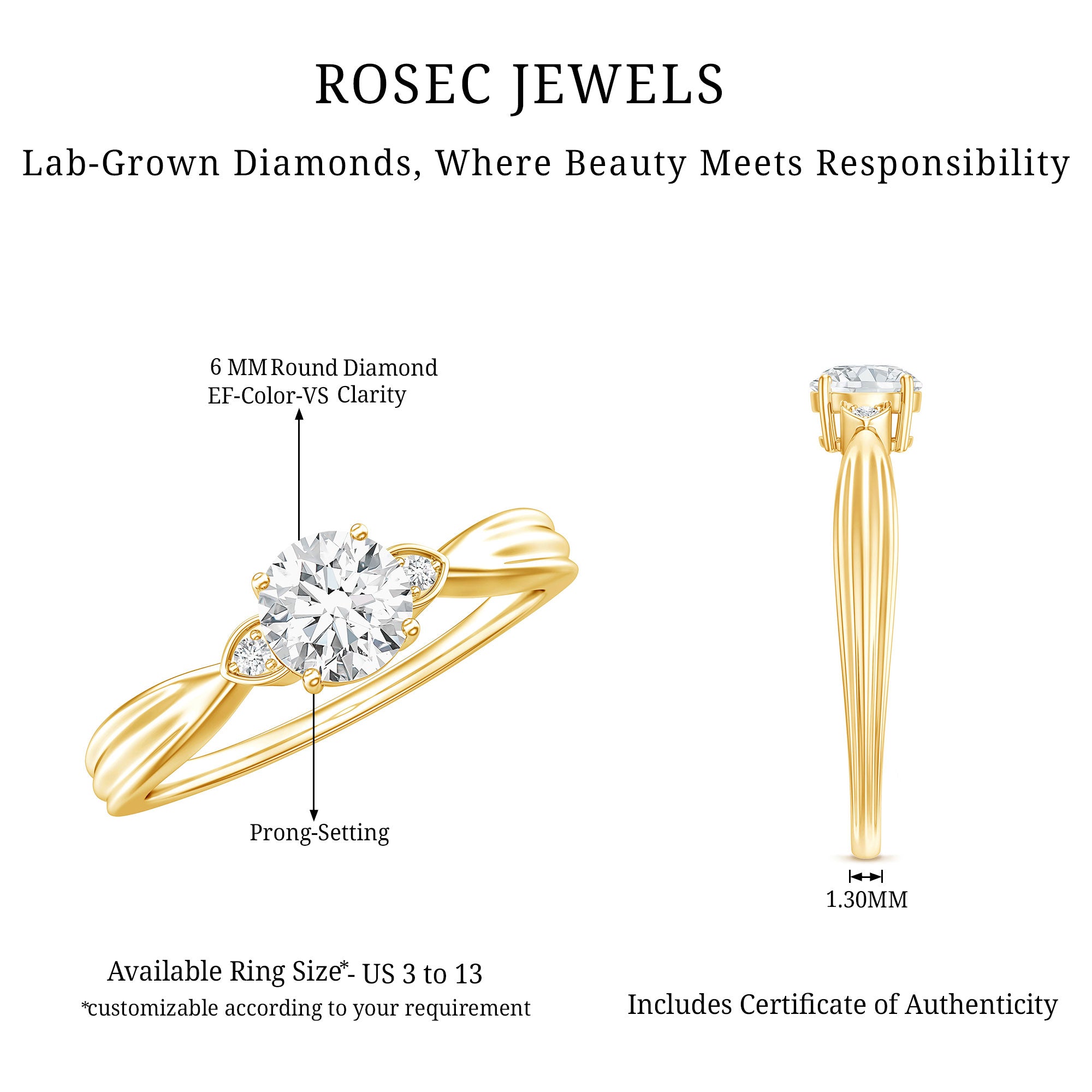 Certified Lab Grown Diamond 6 MM Solitaire Promise Ring Lab - ( EF-VS ) - Rosec Jewels