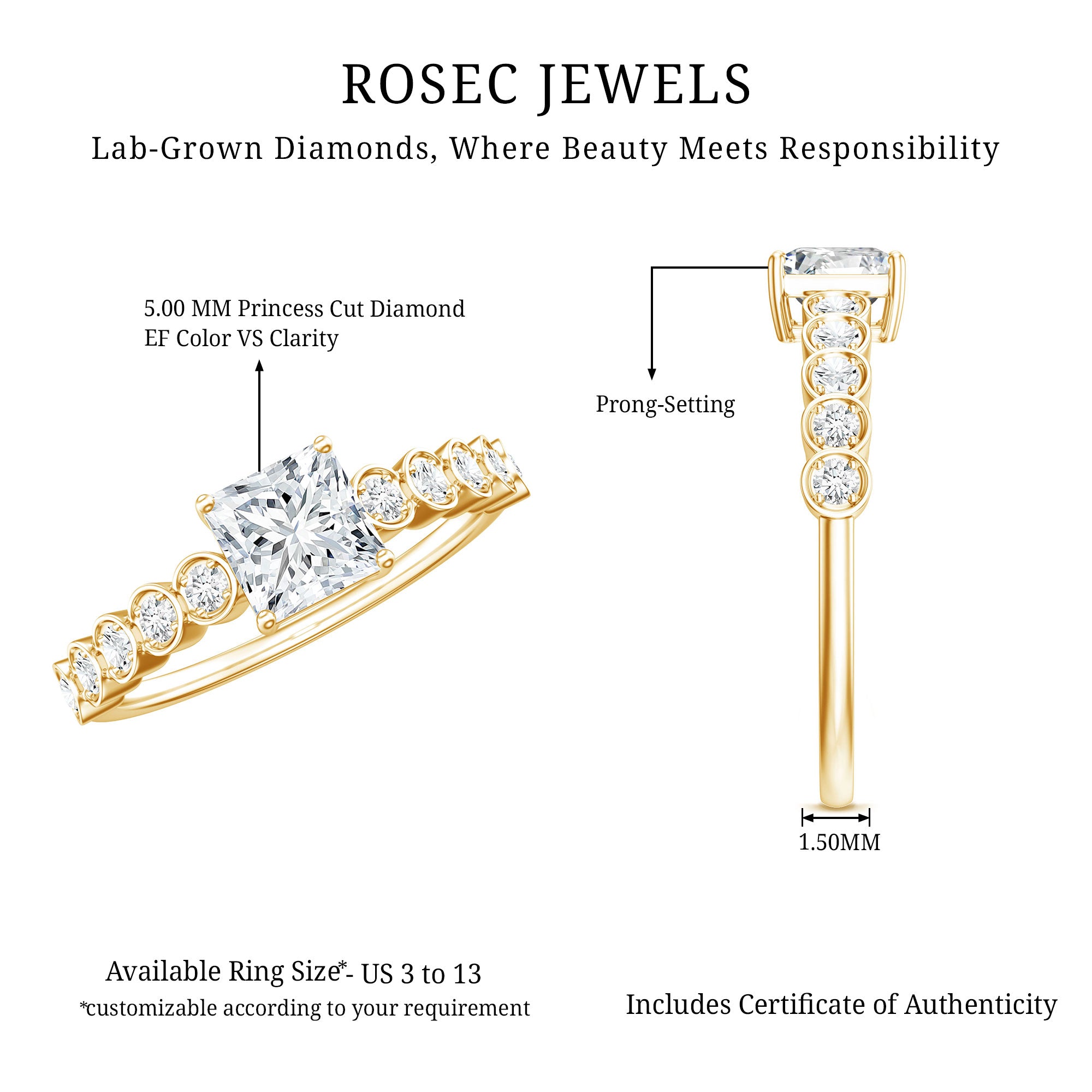 Rosec Jewels-Lab Grown Diamond 5 MM Princess Cut Engagement Ring With Side Stones