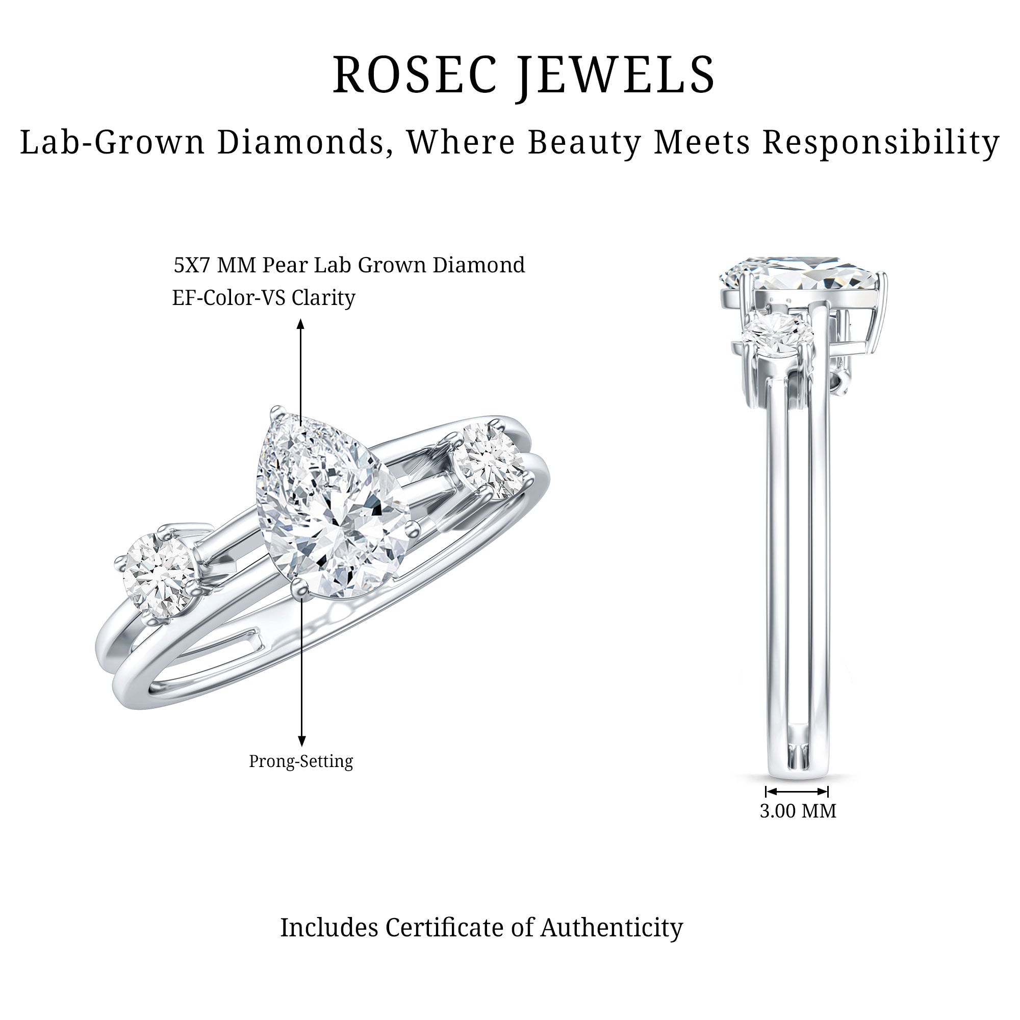 Pear Lab Grown Diamond Engagement Ring – Elegant Double Band Three Stone Design Lab - ( EF-VS ) - Rosec Jewels