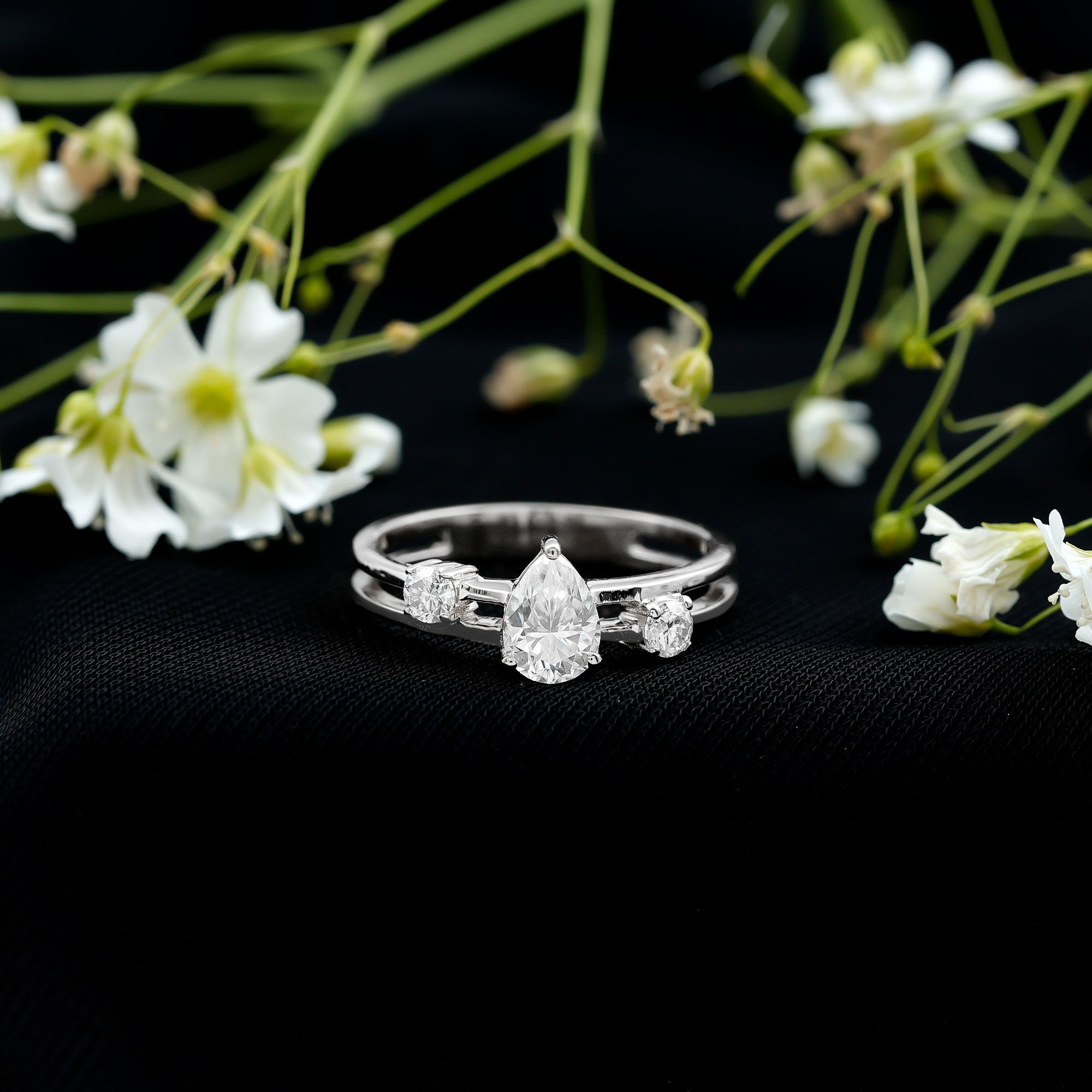 Pear Lab Grown Diamond Engagement Ring – Elegant Double Band Three Stone Design Lab - ( EF-VS ) - Rosec Jewels