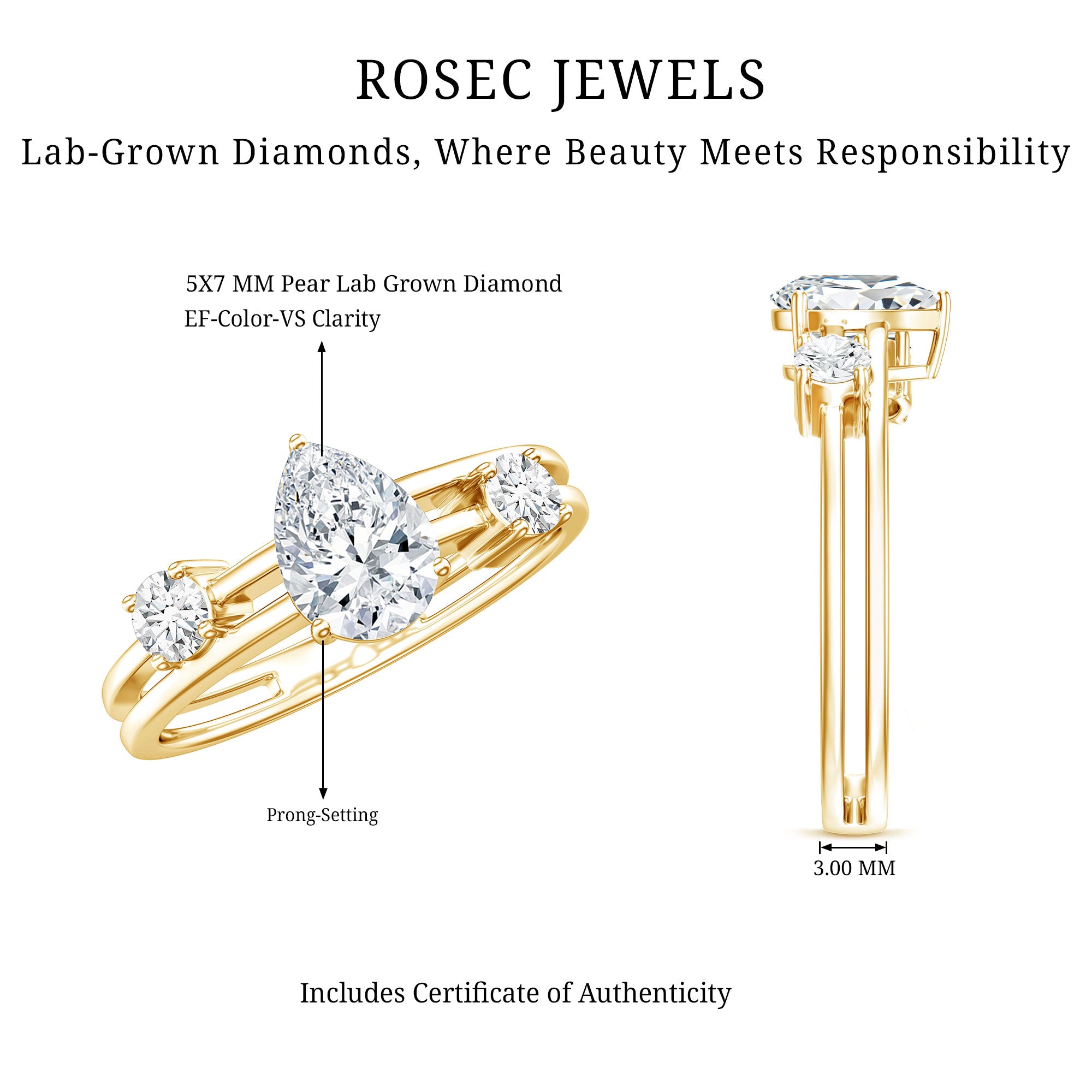 Pear Lab Grown Diamond Engagement Ring – Elegant Double Band Three Stone Design Lab - ( EF-VS ) - Rosec Jewels