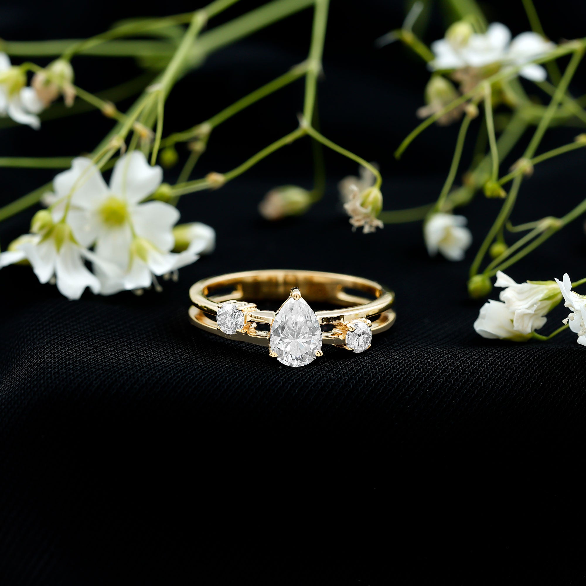 Pear Lab Grown Diamond Engagement Ring – Elegant Double Band Three Stone Design Lab - ( EF-VS ) - Rosec Jewels