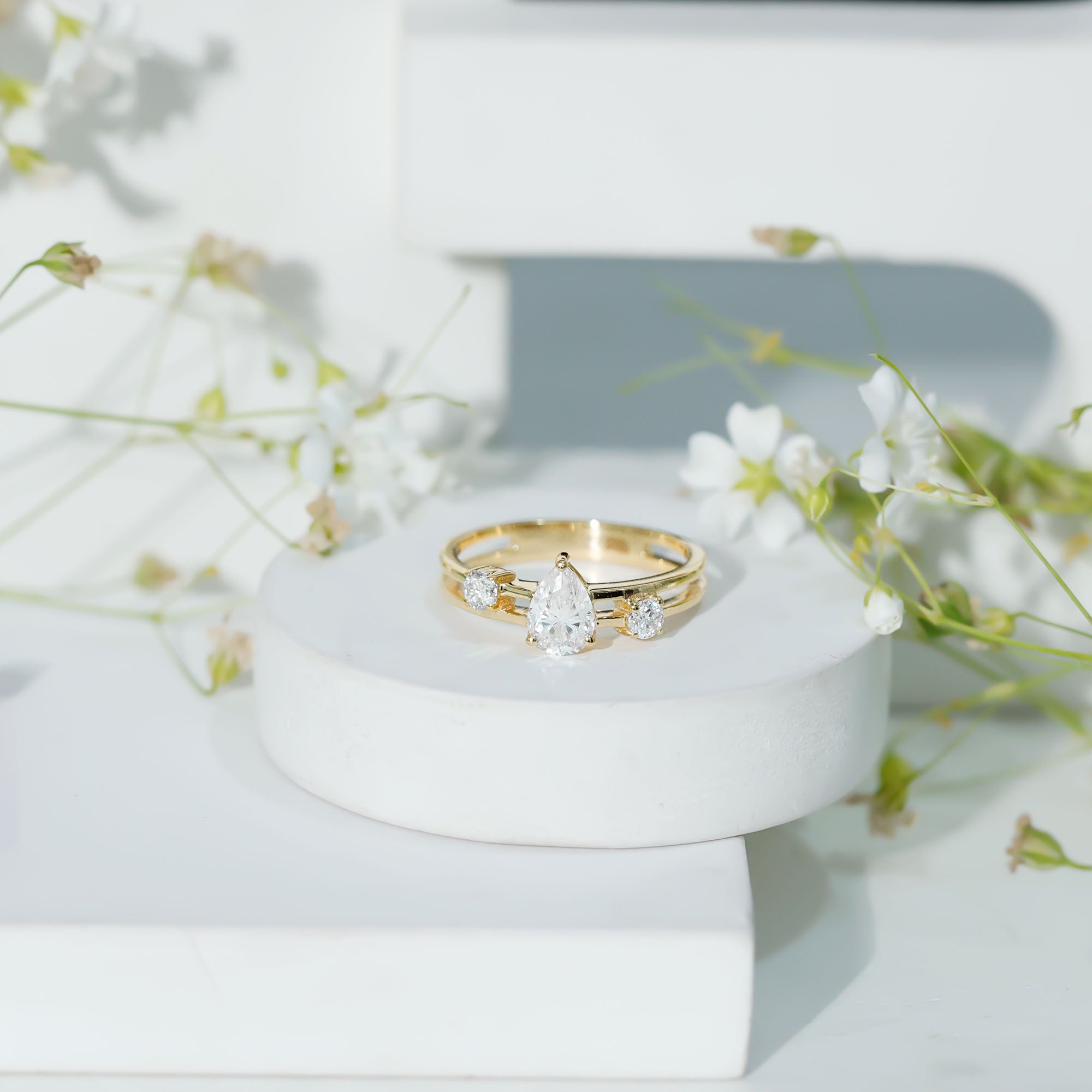 Pear Lab Grown Diamond Engagement Ring – Elegant Double Band Three Stone Design Lab - ( EF-VS ) - Rosec Jewels