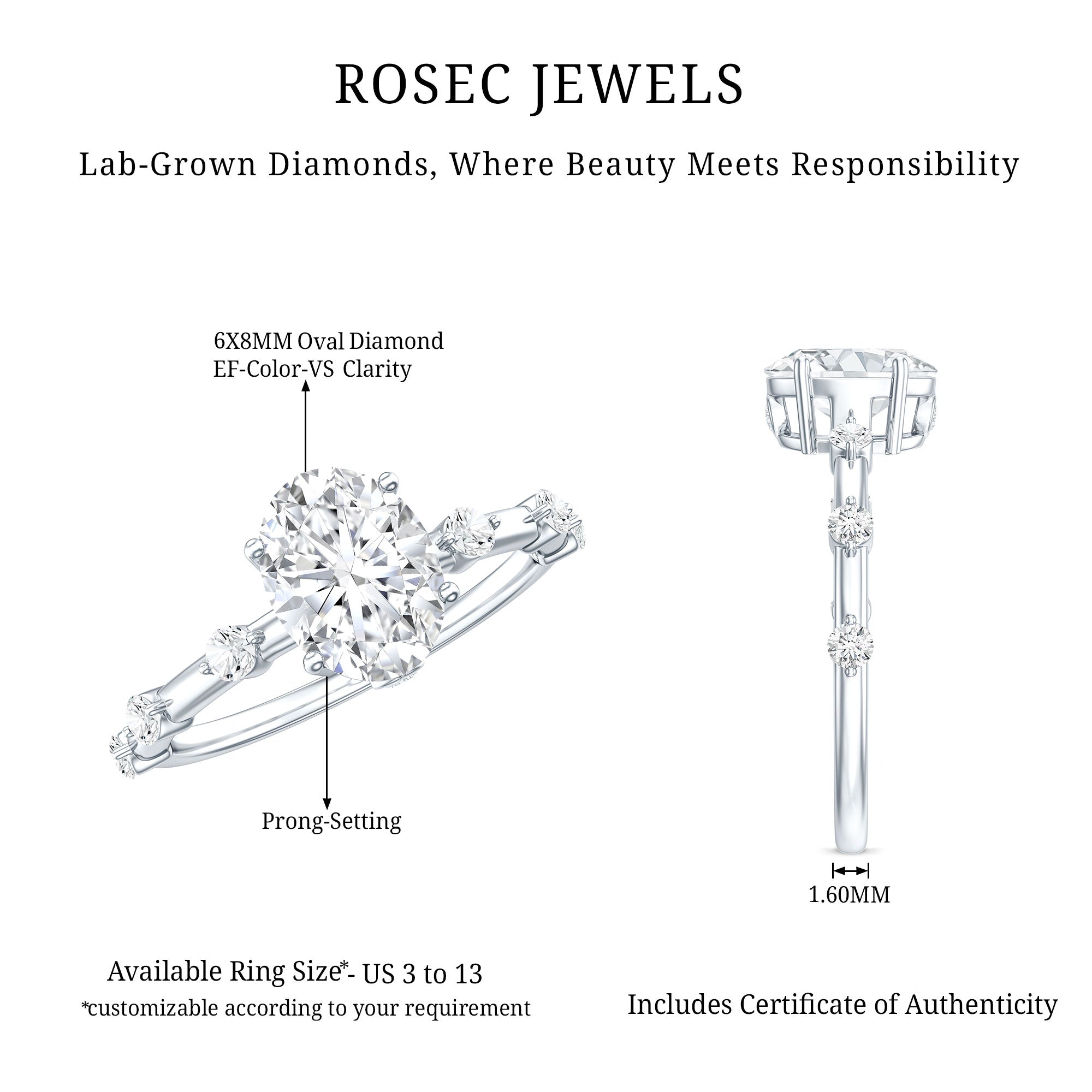 Lab Grown Diamond 6X8 MM Oval Solitaire Engagement Ring Lab - ( EF-VS ) - Rosec Jewels