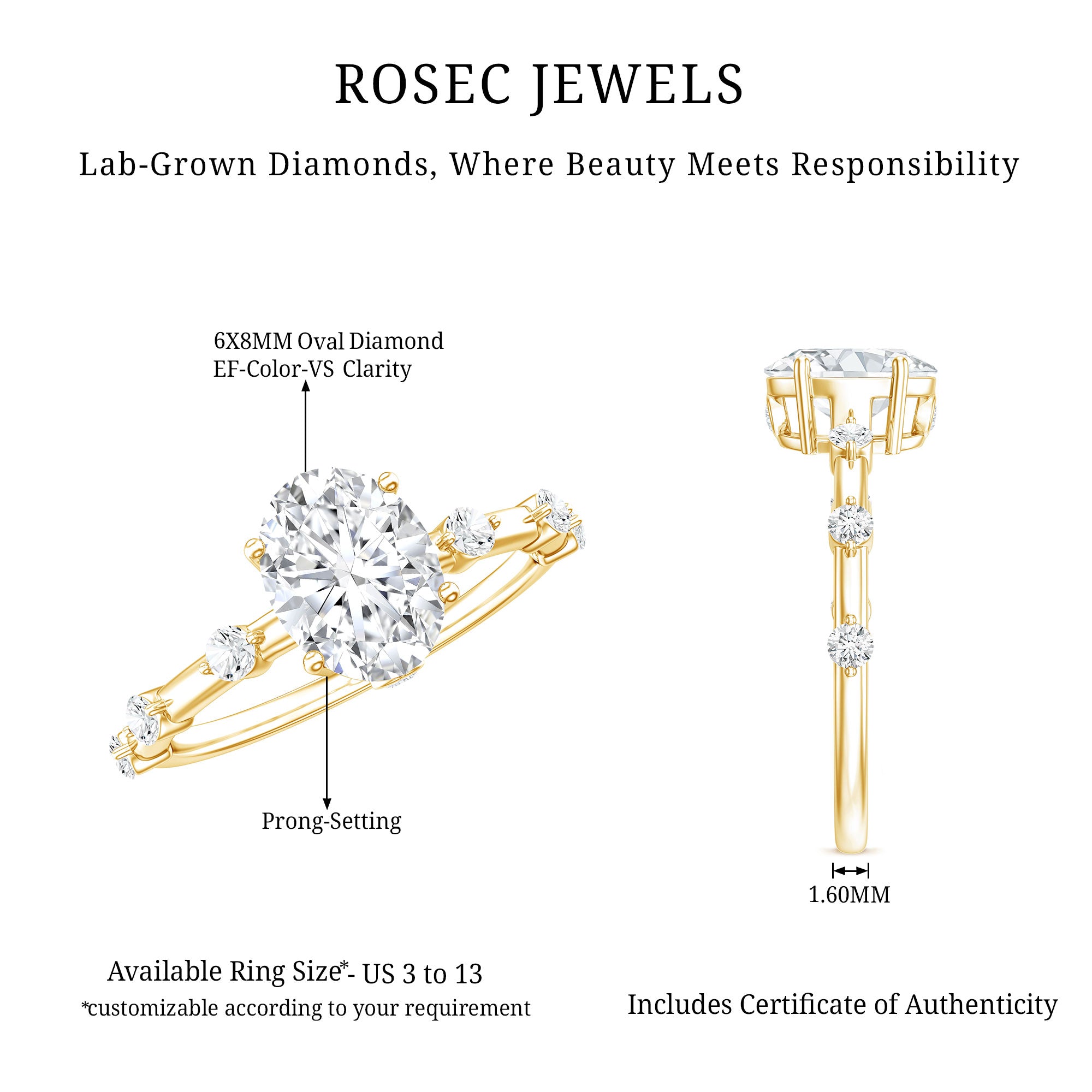 Lab Grown Diamond 6X8 MM Oval Solitaire Engagement Ring Lab - ( EF-VS ) - Rosec Jewels