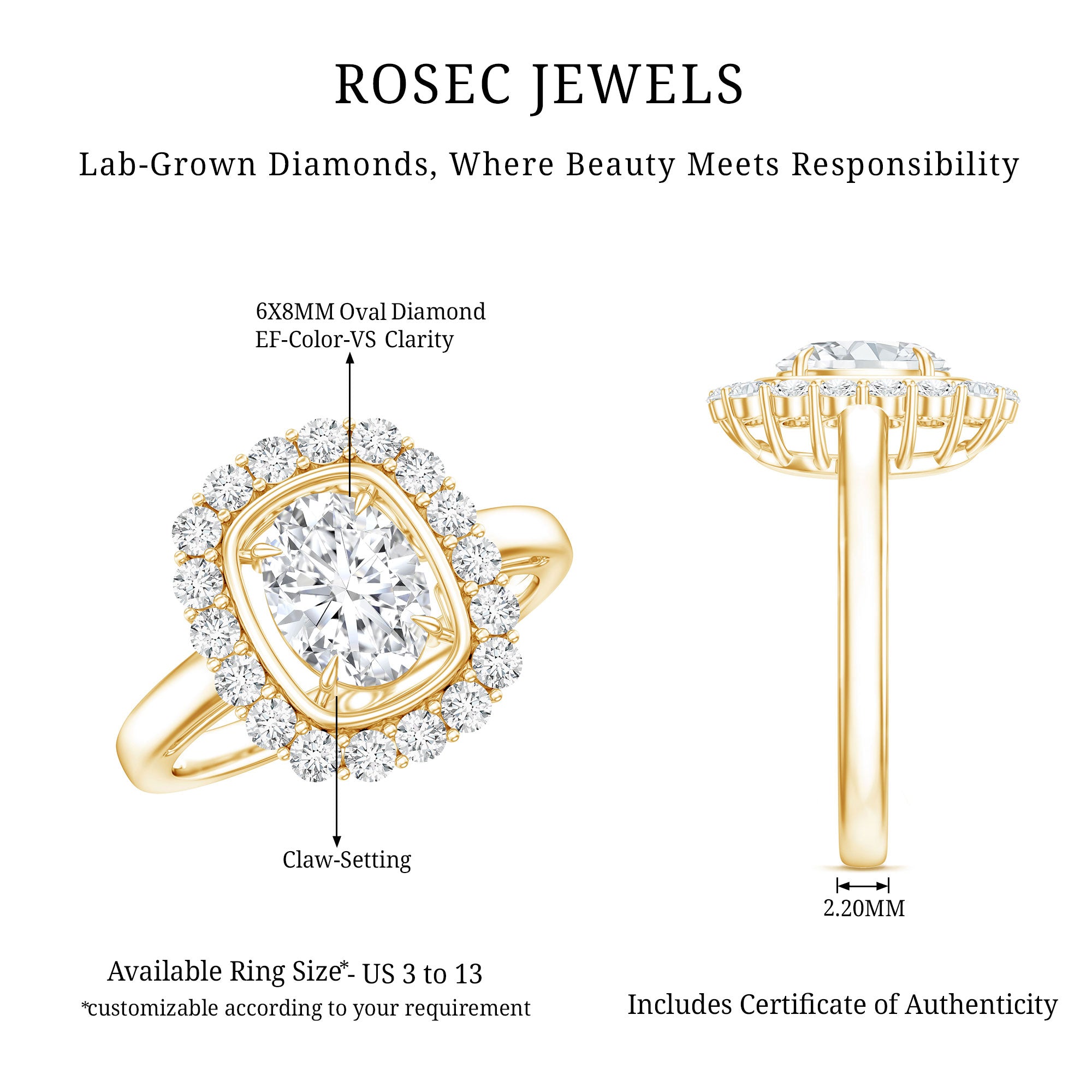 Rosec Jewels-Certified 6X8 MM Oval Lab Grown Diamond Halo Engagement Ring