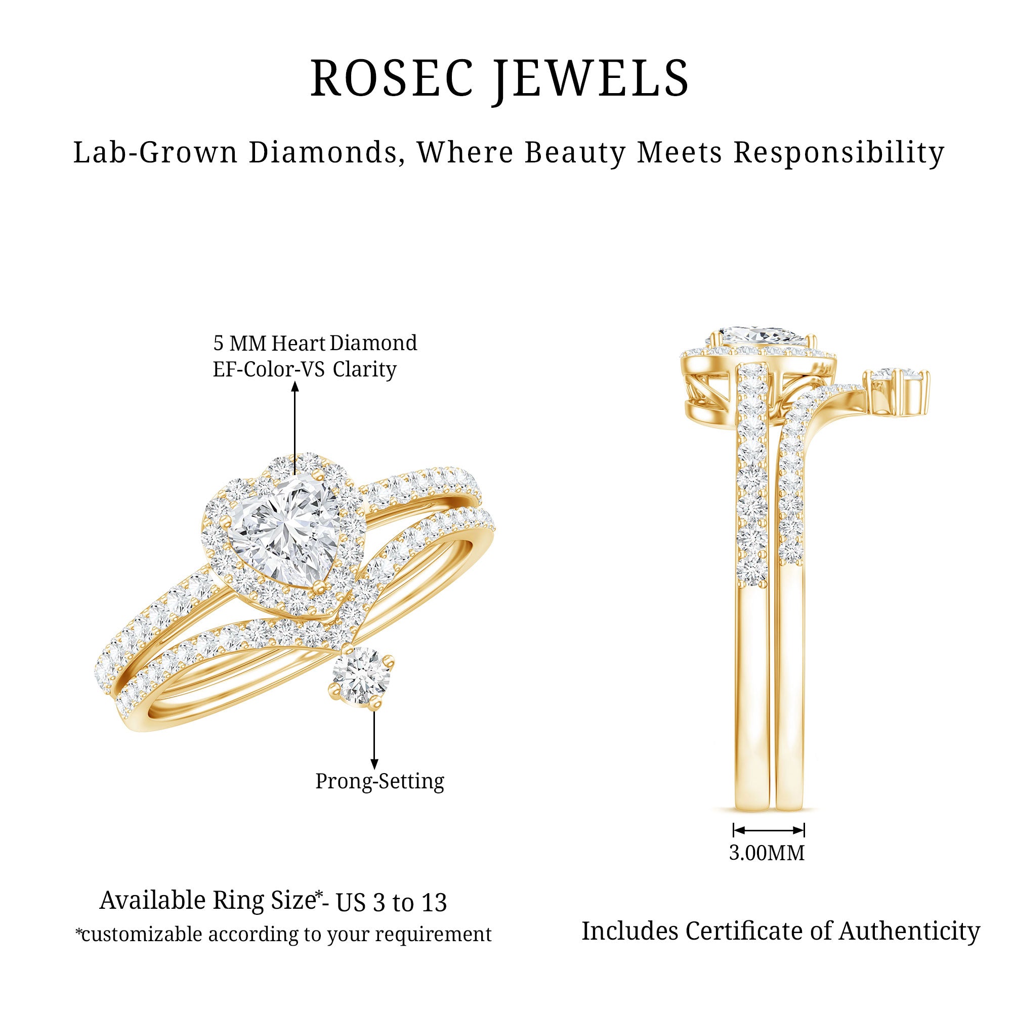 Certified 5 MM Lab Grown Diamond Heart Bridal Ring Set Lab - ( EF-VS ) - Rosec Jewels