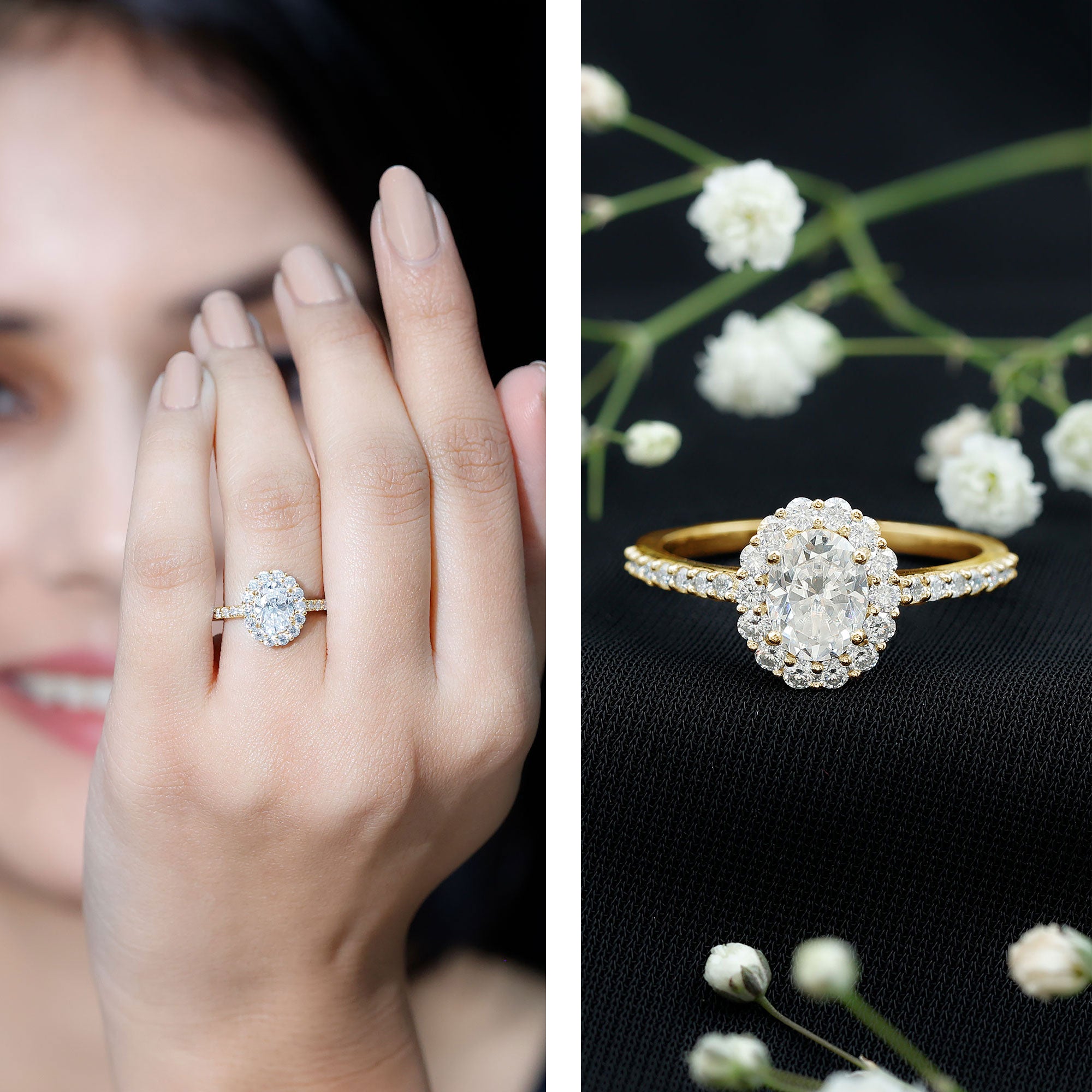 Rosec Jewels-Lab Grown Diamond 6X8MM Oval Halo Engagement Ring With Side Stones