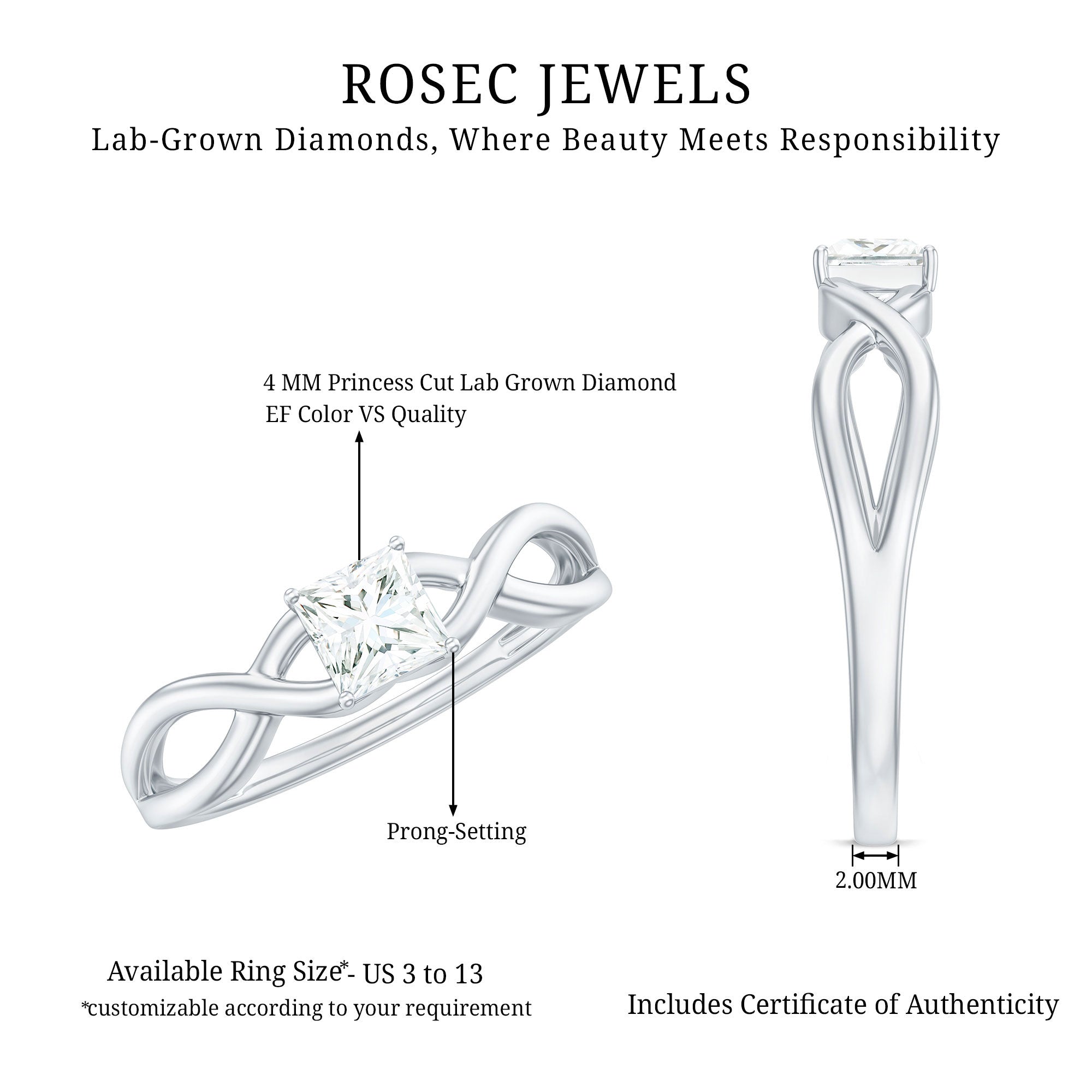 Certified Lab Princess Cut Diamond Infinity Promise Ring Lab - ( EF-VS ) - Rosec Jewels