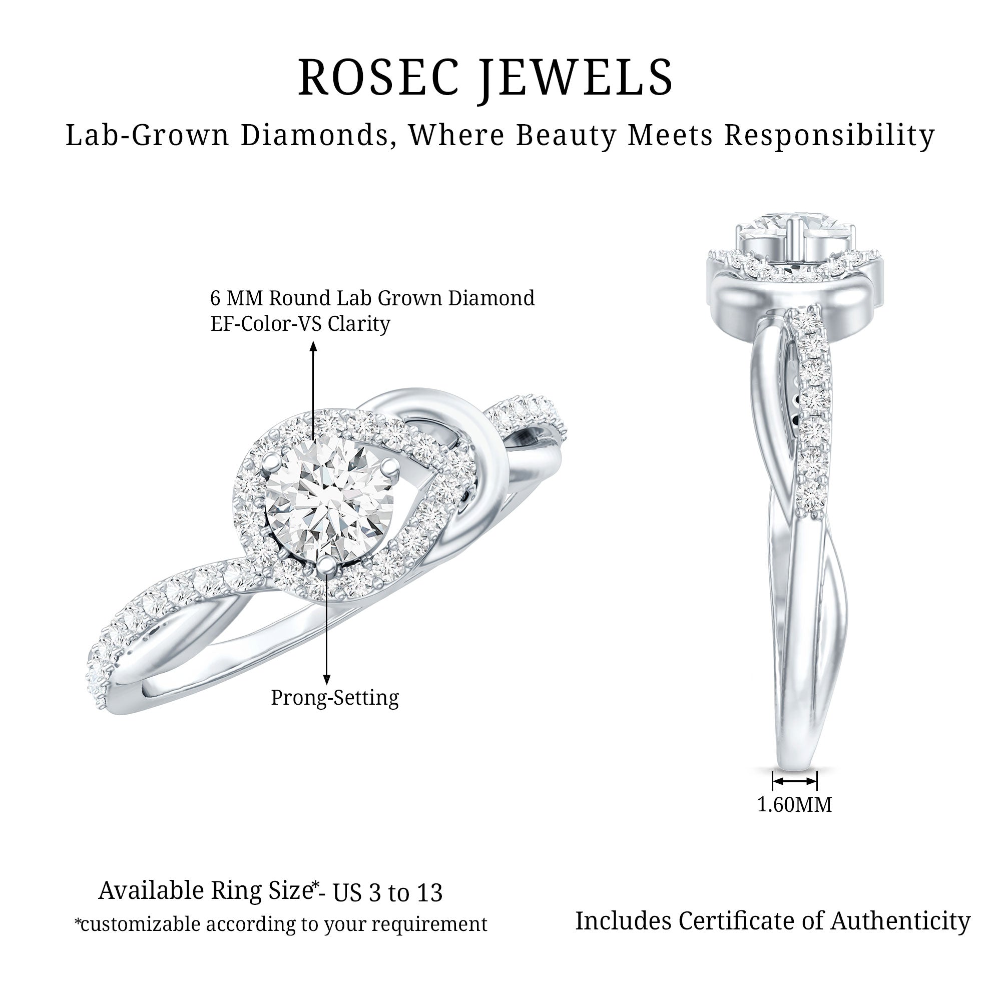 Rosec Jewels-Certified 6MM Lab Grown Diamond Love Knot Engagement Ring