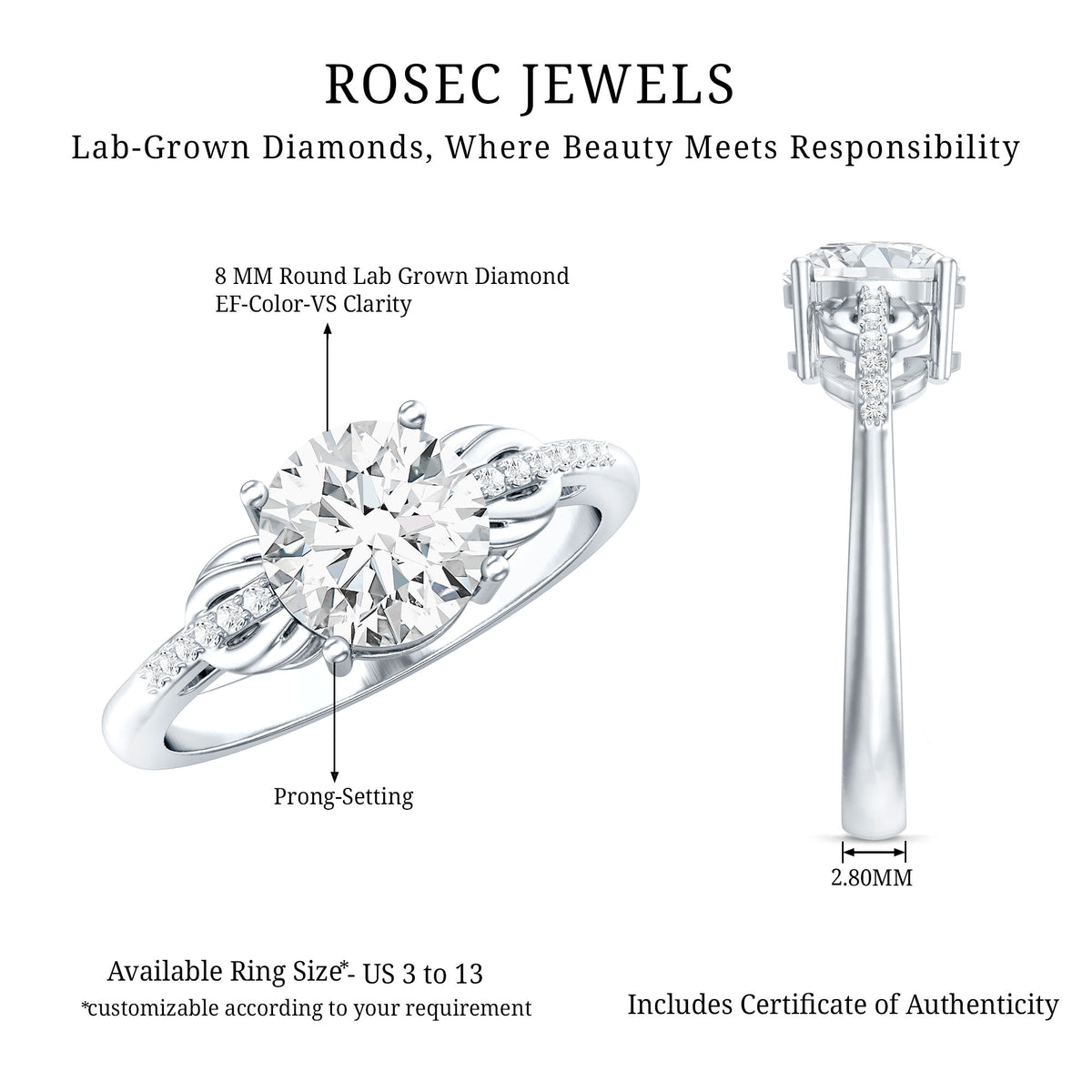 IGI Certified 2 Carat Round Lab Grown Diamond Unique Engagement Ring Lab - ( E-VS1 ) - Rosec Jewels