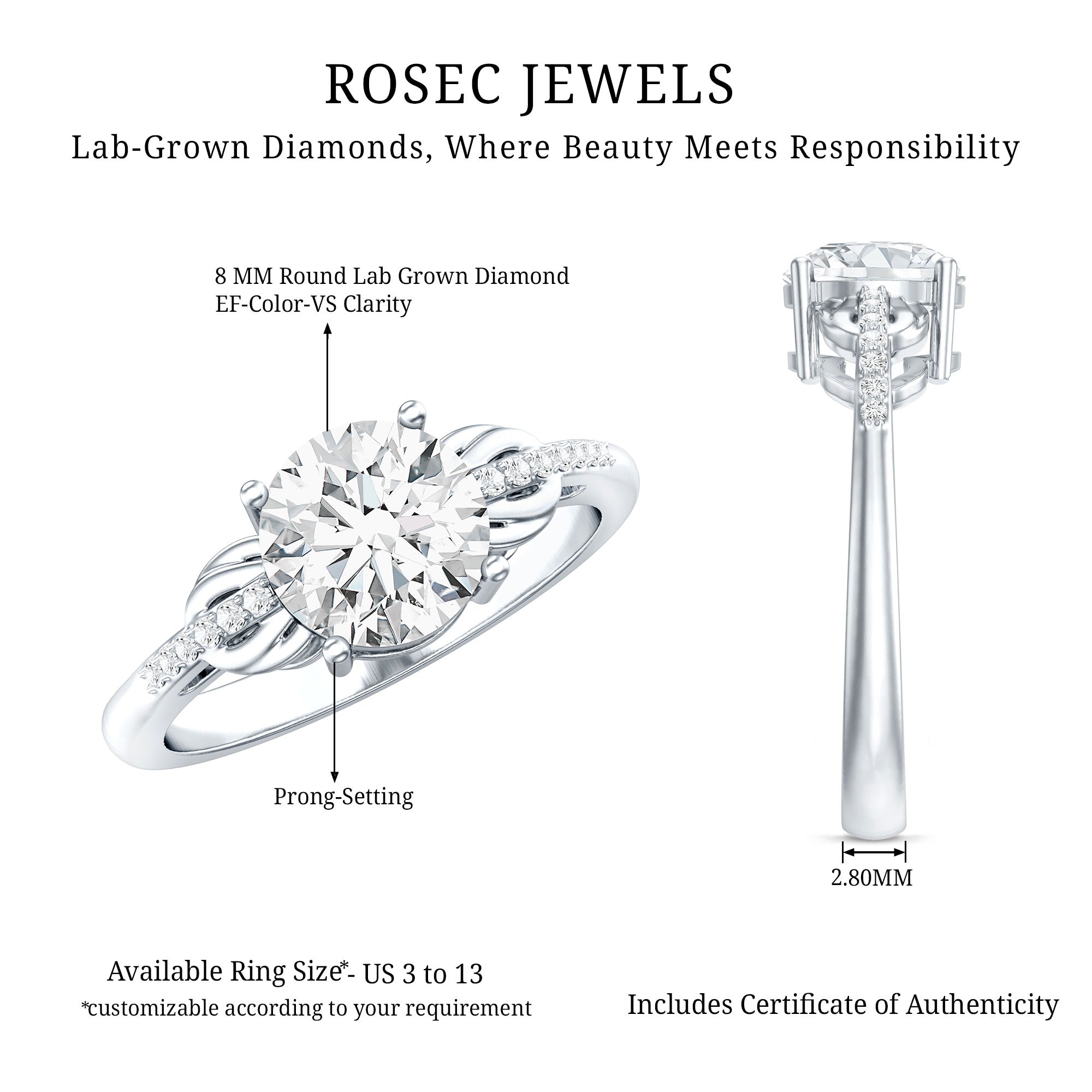 Certified 8 MM Round Lab Grown Diamond Unique Engagement Ring Lab - ( EF-VS ) - Rosec Jewels