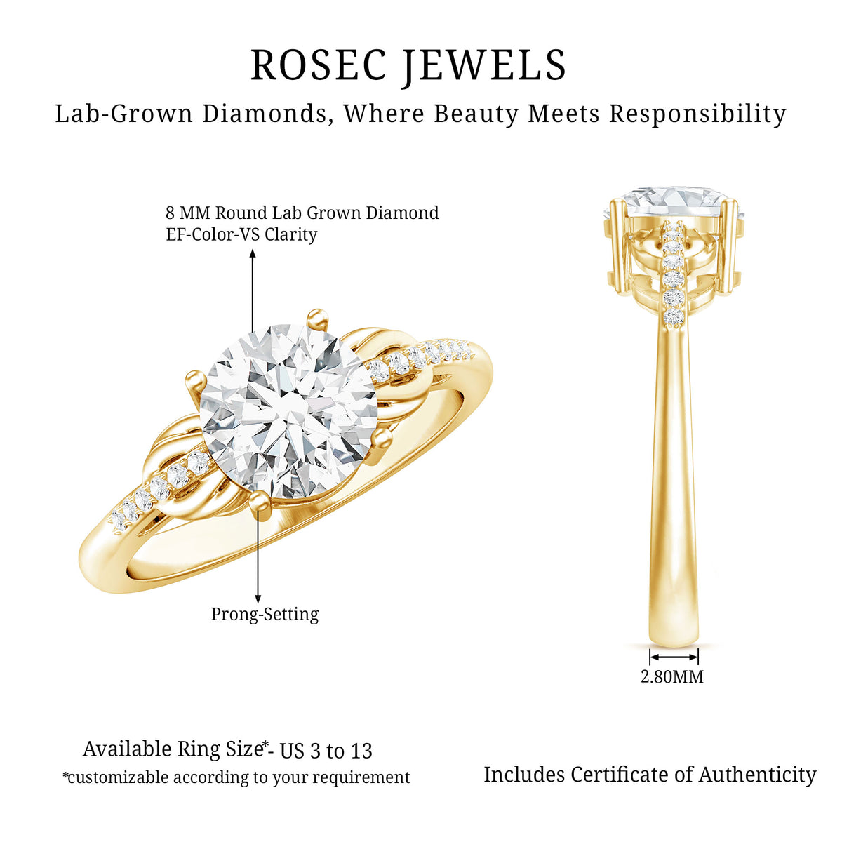 IGI Certified 2 Carat Round Lab Grown Diamond Unique Engagement Ring Lab - ( E-VS1 ) - Rosec Jewels