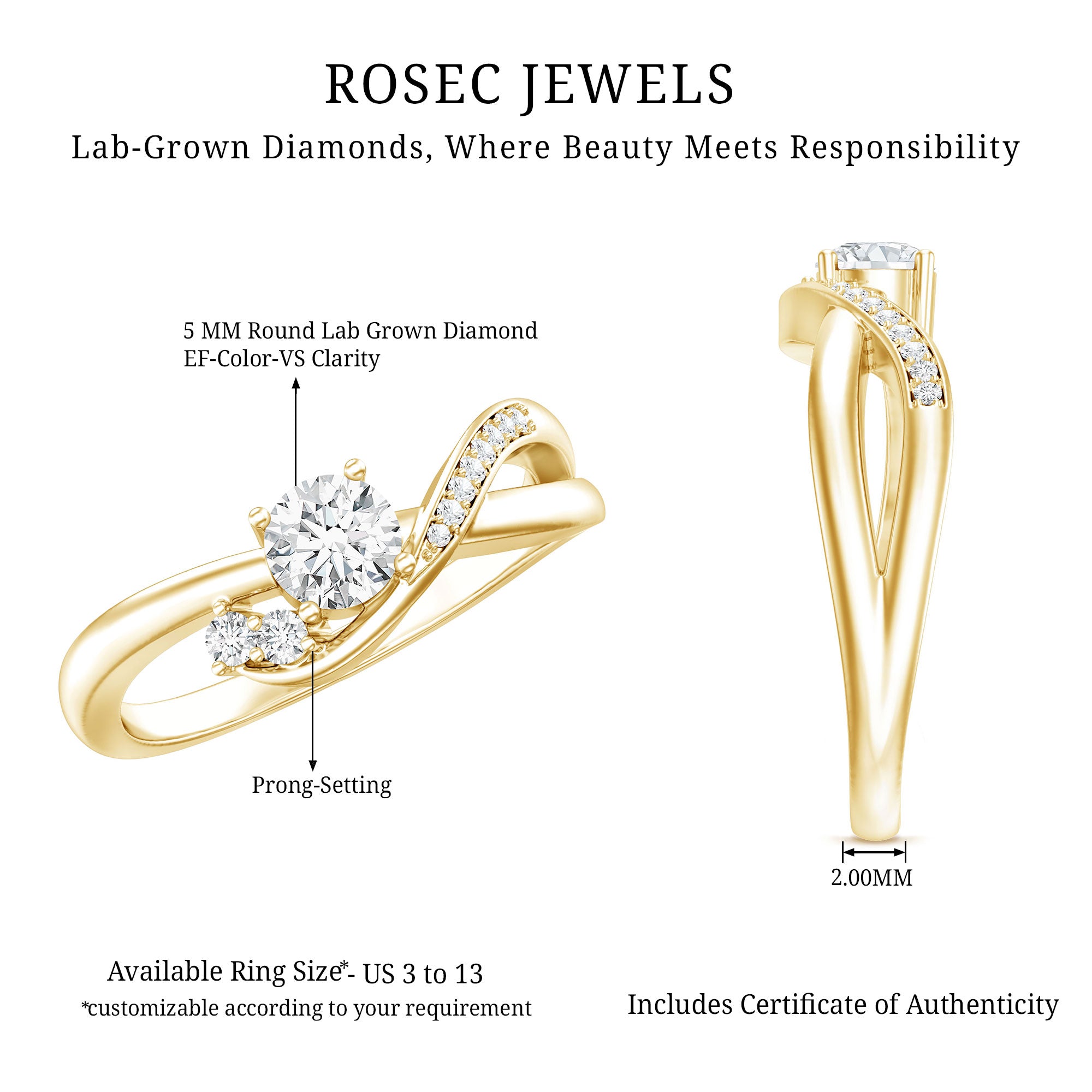 Certified 5 MM Lab Grown Diamond Proposal Ring For Women Lab - ( EF-VS ) - Rosec Jewels