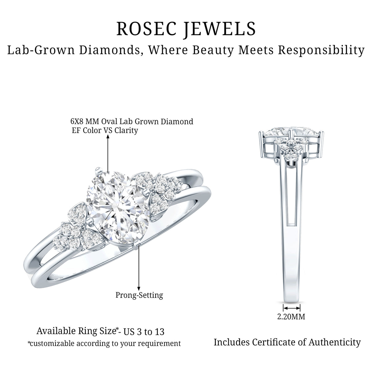 IGI Certified 1 Carat Lab Grown Oval Diamond Designer Engagement Ring Lab - ( E-VS1 ) - Rosec Jewels