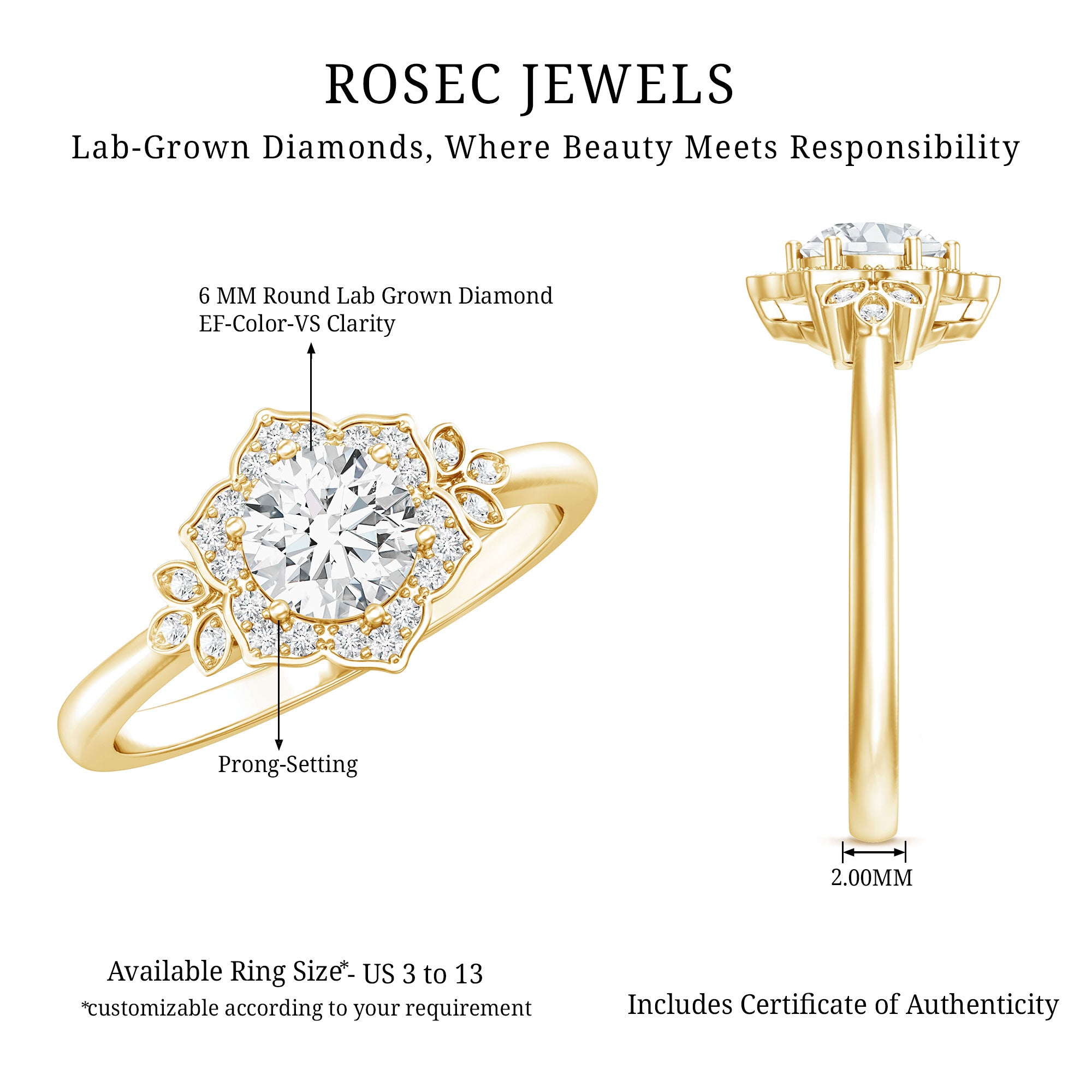 Rosec Jewels-Certified Lab Grown Diamond Art Deco Flower Engagement Ring