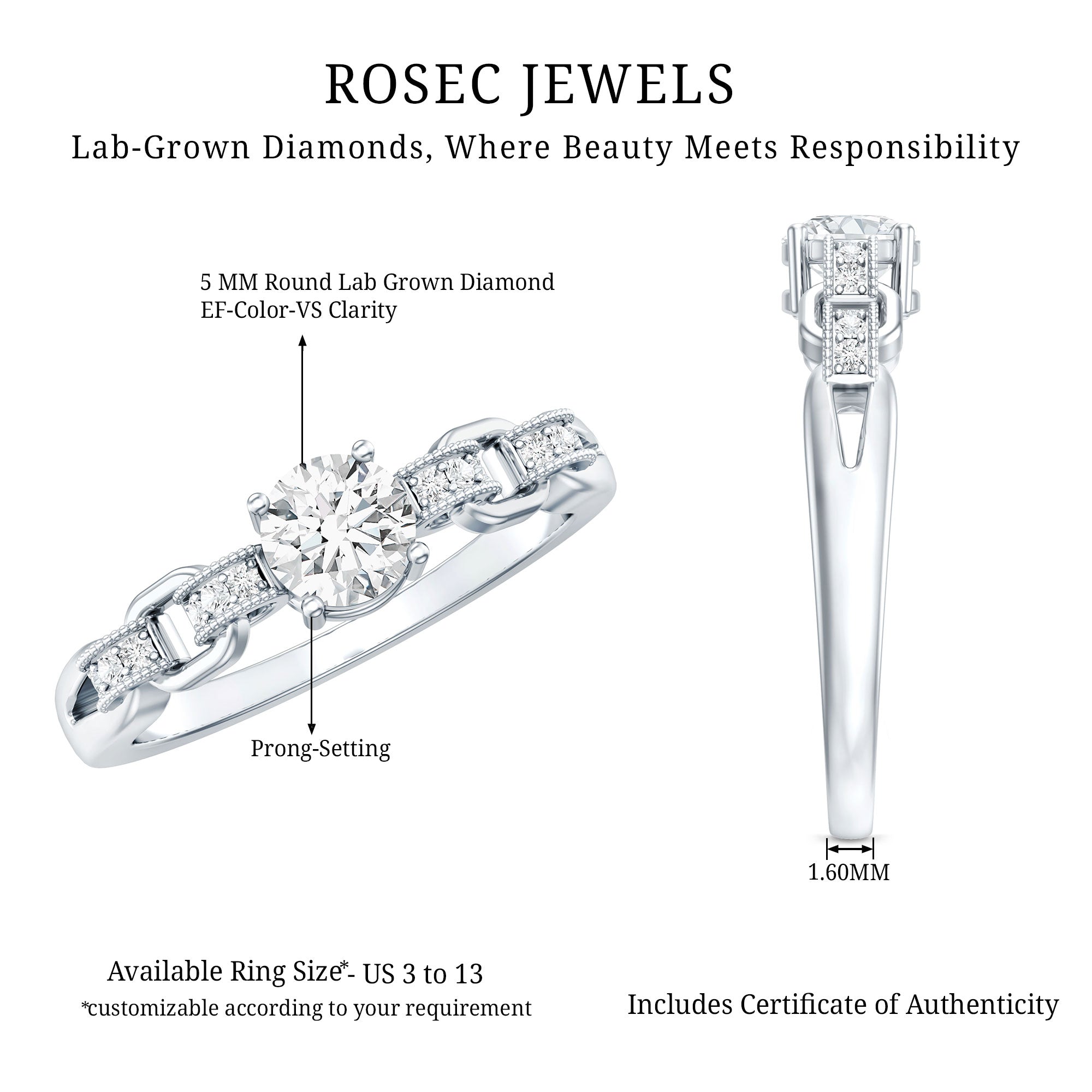 Certified 5 MM Lab Grown Diamond Promise Ring For Her Lab - ( EF-VS ) - Rosec Jewels