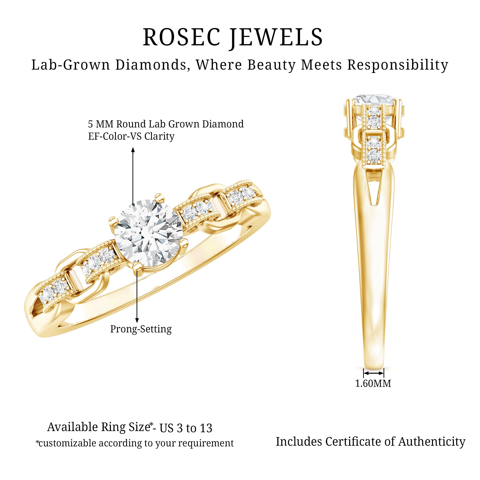 Certified 5 MM Lab Grown Diamond Promise Ring For Her Lab - ( EF-VS ) - Rosec Jewels