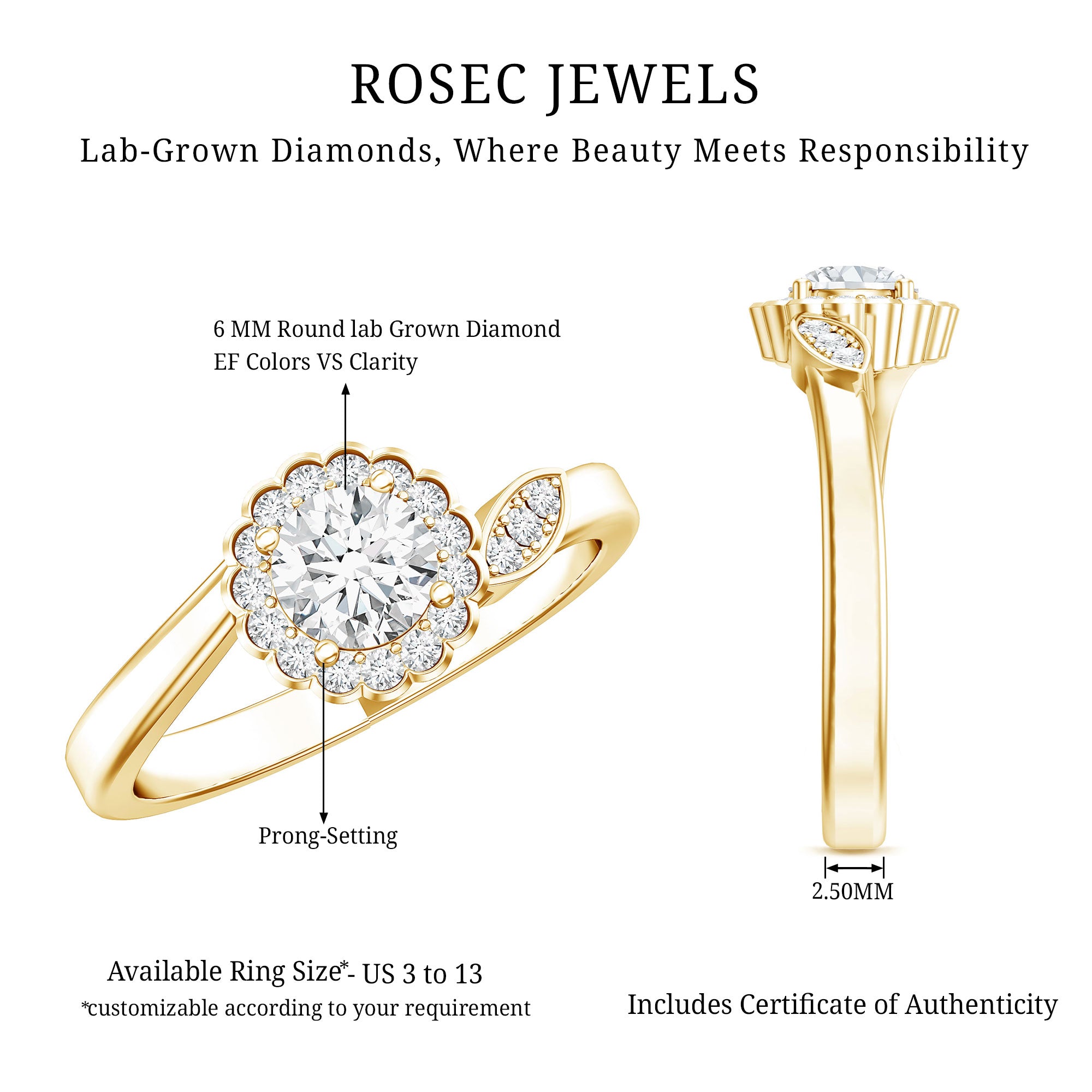 Certified 5 MM Lab Grown Diamond Floral Engagement Ring Lab - ( EF-VS ) - Rosec Jewels