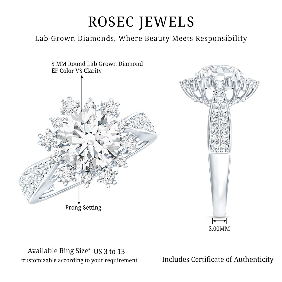 2 Carat Lab Grown Diamond Non Traditional Engagement Ring with IGI Certificate Lab - ( E-VS1 ) - Rosec Jewels