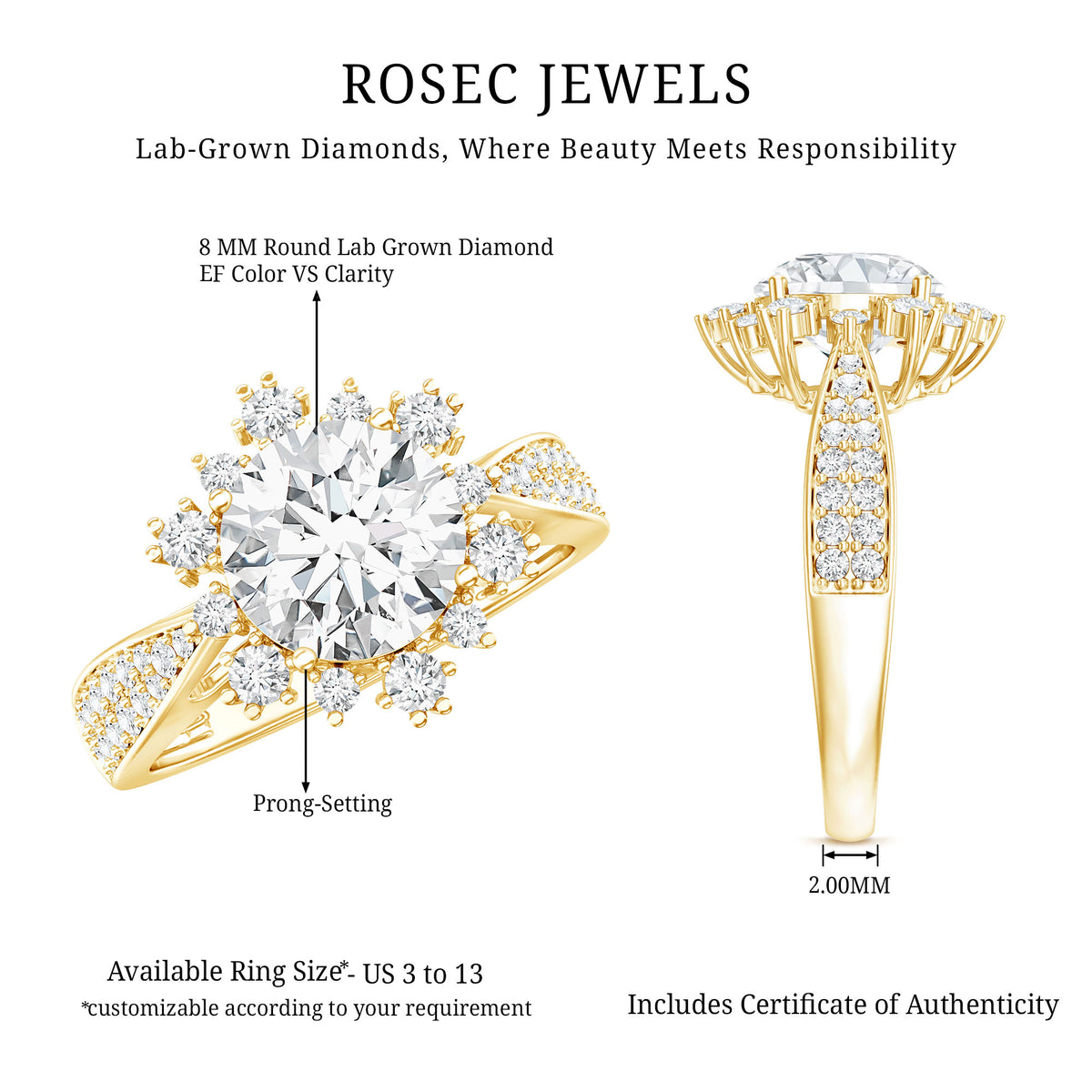 2 Carat Lab Grown Diamond Non Traditional Engagement Ring with IGI Certificate Lab - ( E-VS1 ) - Rosec Jewels