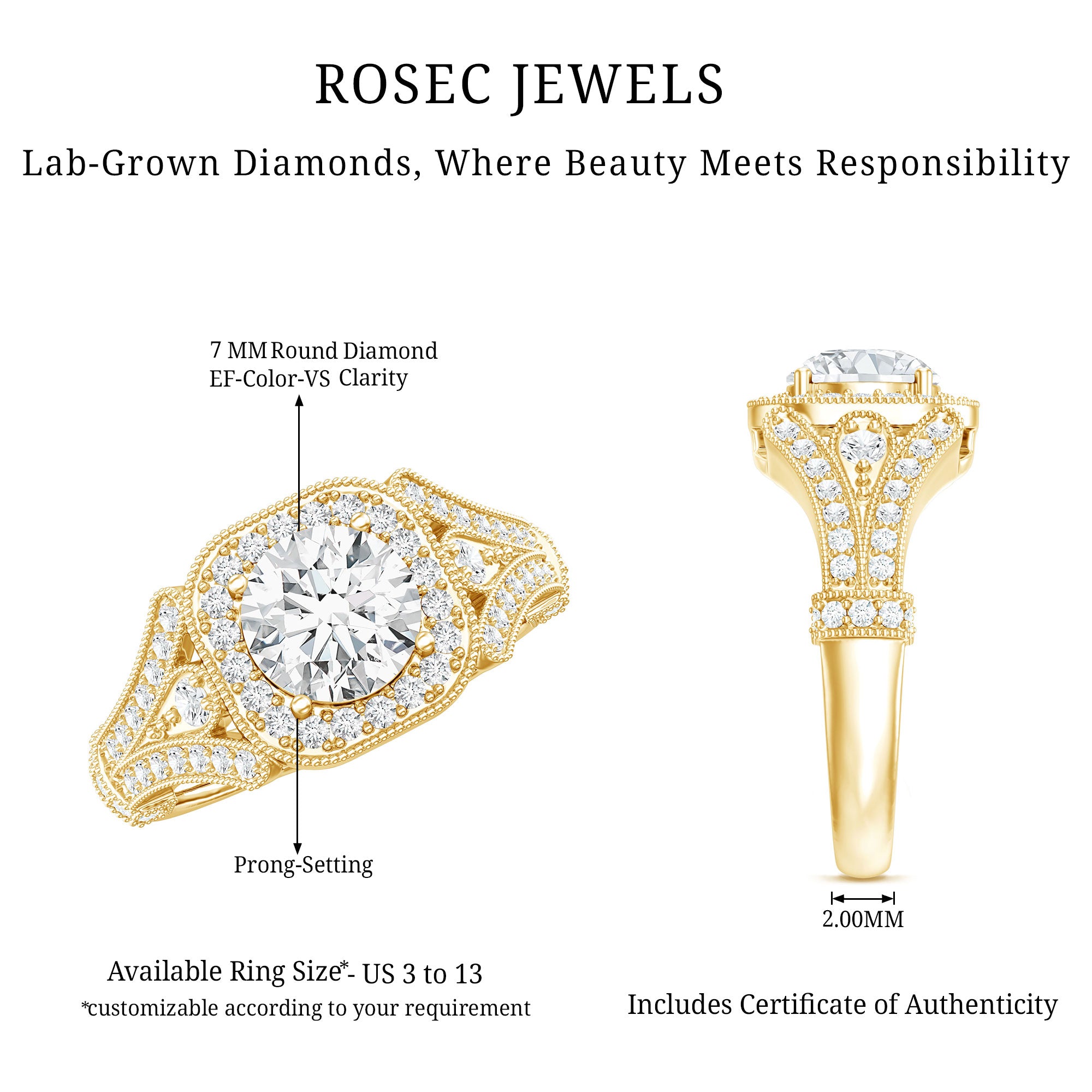 Rosec Jewels-Certified 7 MM Lab Grown Diamond Vintage Style Engagement Ring