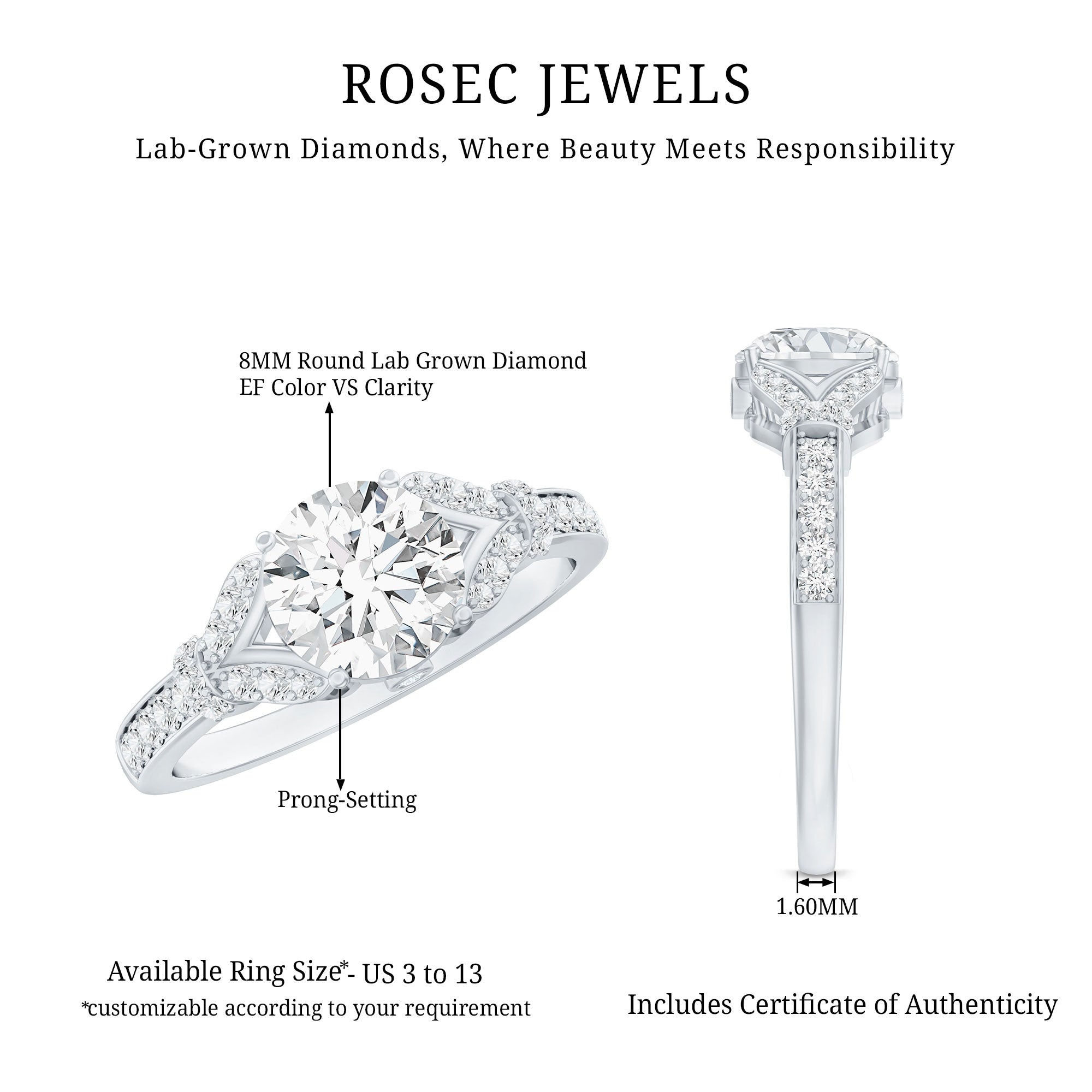 Certified 2Ct Lab Grown Diamond Split Shank Engagement Ring Lab - ( EF-VS ) - Rosec Jewels