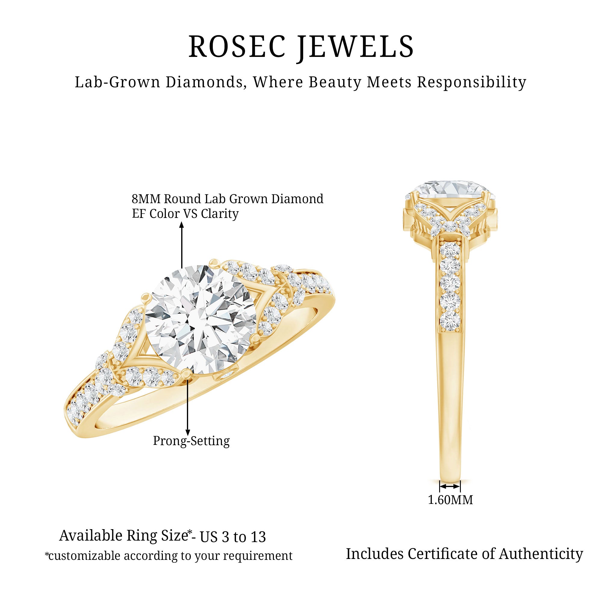 Certified 2Ct Lab Grown Diamond Split Shank Engagement Ring Lab - ( EF-VS ) - Rosec Jewels