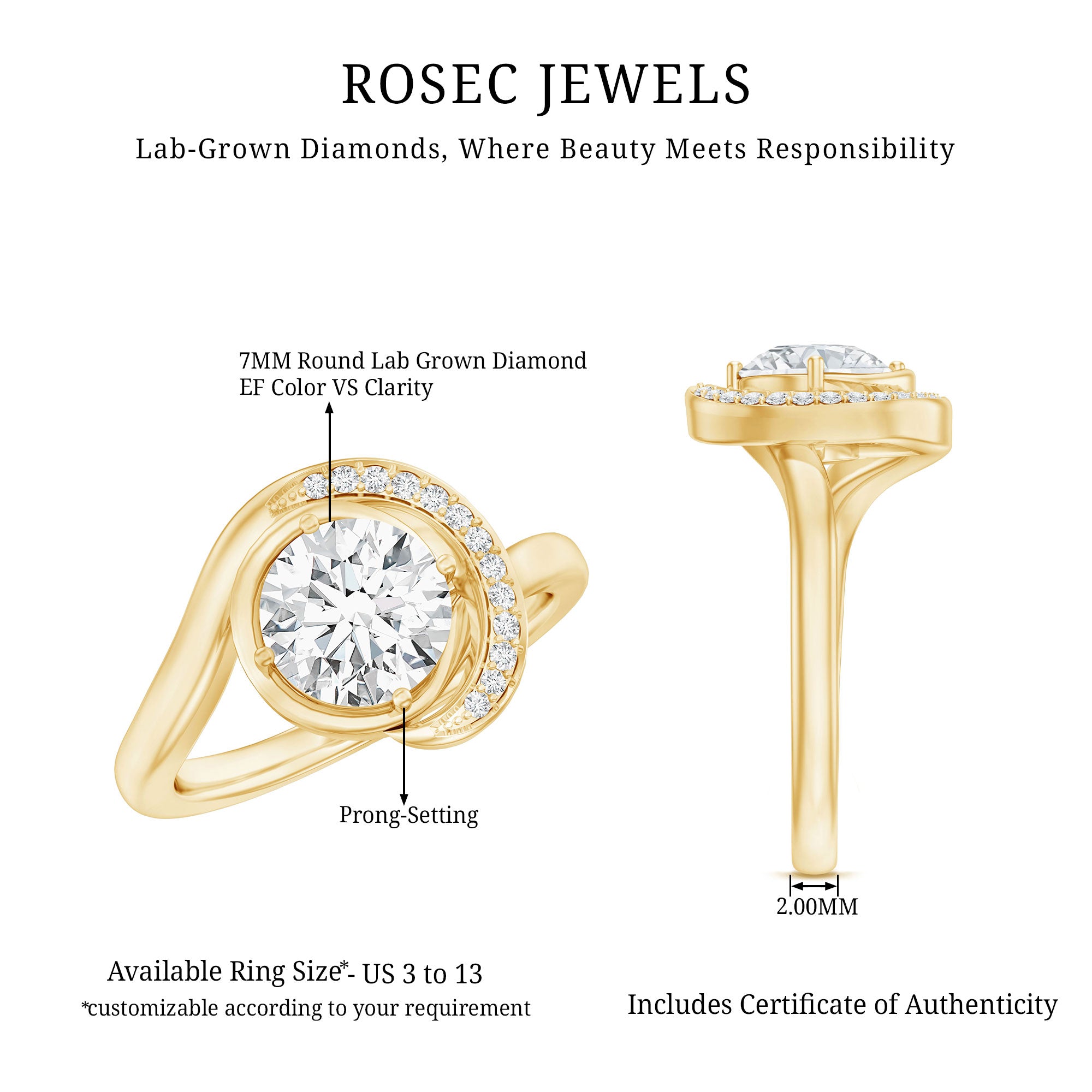 Rosec Jewels-7 MM Lab Grown Diamond Unique Engagement Ring For Her