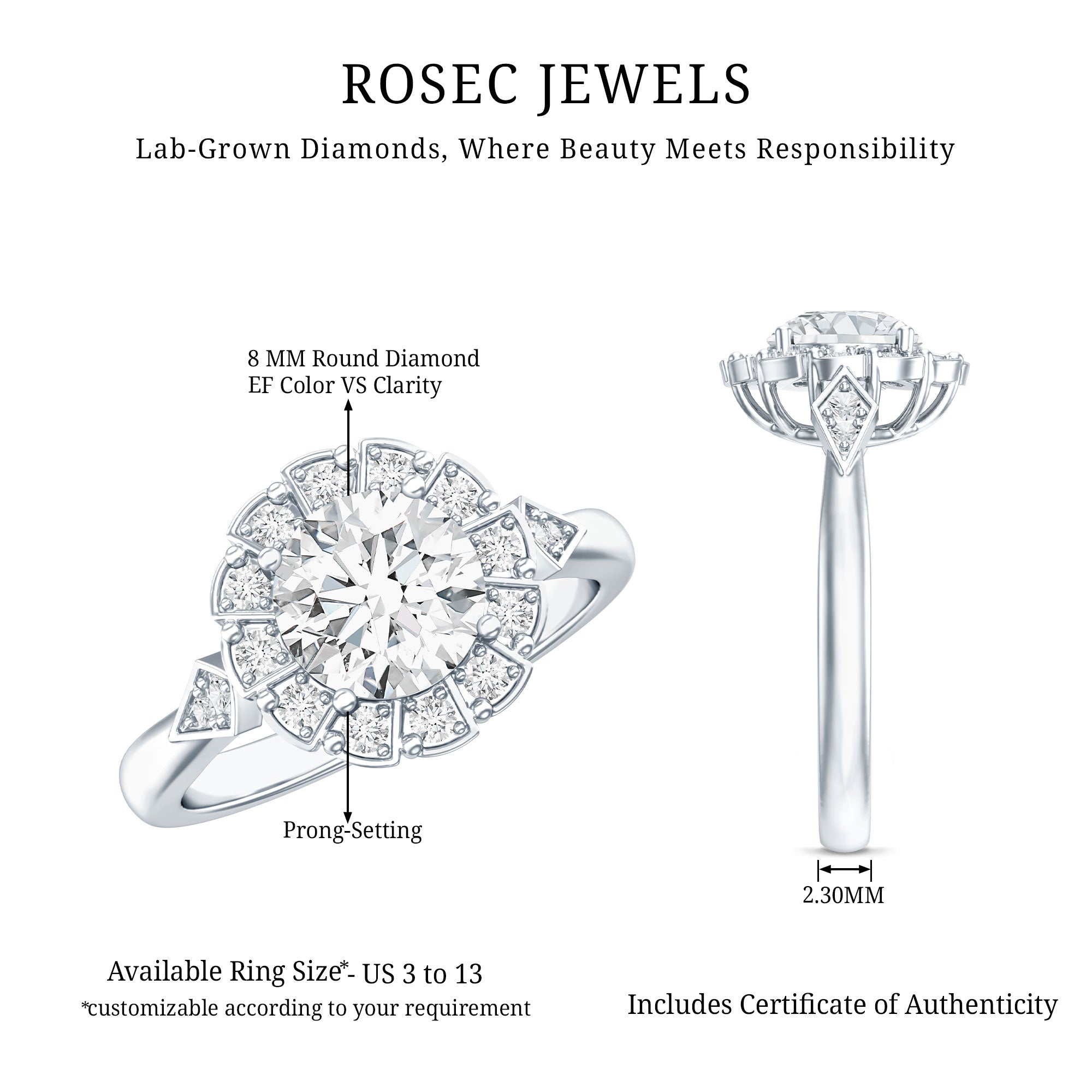 Certified 8 MM Lab Grown Diamond Flower Halo Engagement Ring Lab - ( EF-VS ) - Rosec Jewels