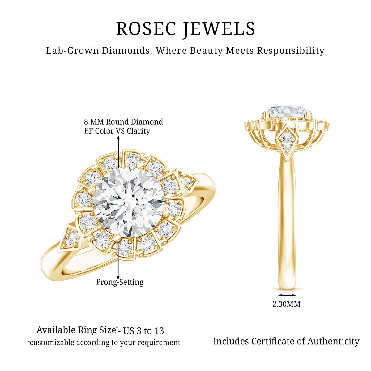 IGI Certified 2 Carat Lab Grown Diamond Flower Halo Engagement Ring Lab - ( E-VS1 ) - Rosec Jewels