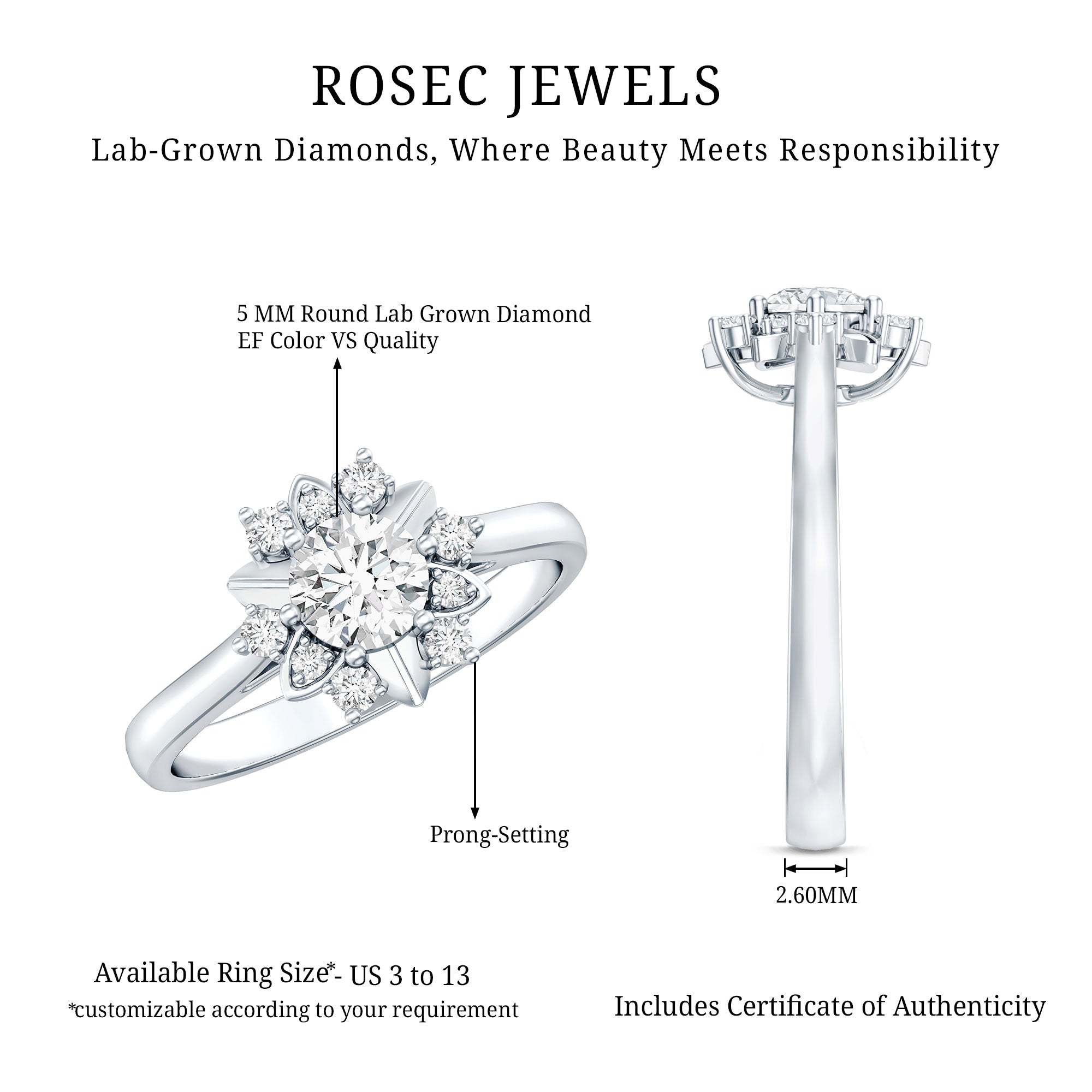 Certified Lab Grown Diamond Nature Engagement Ring Lab - ( EF-VS ) - Rosec Jewels
