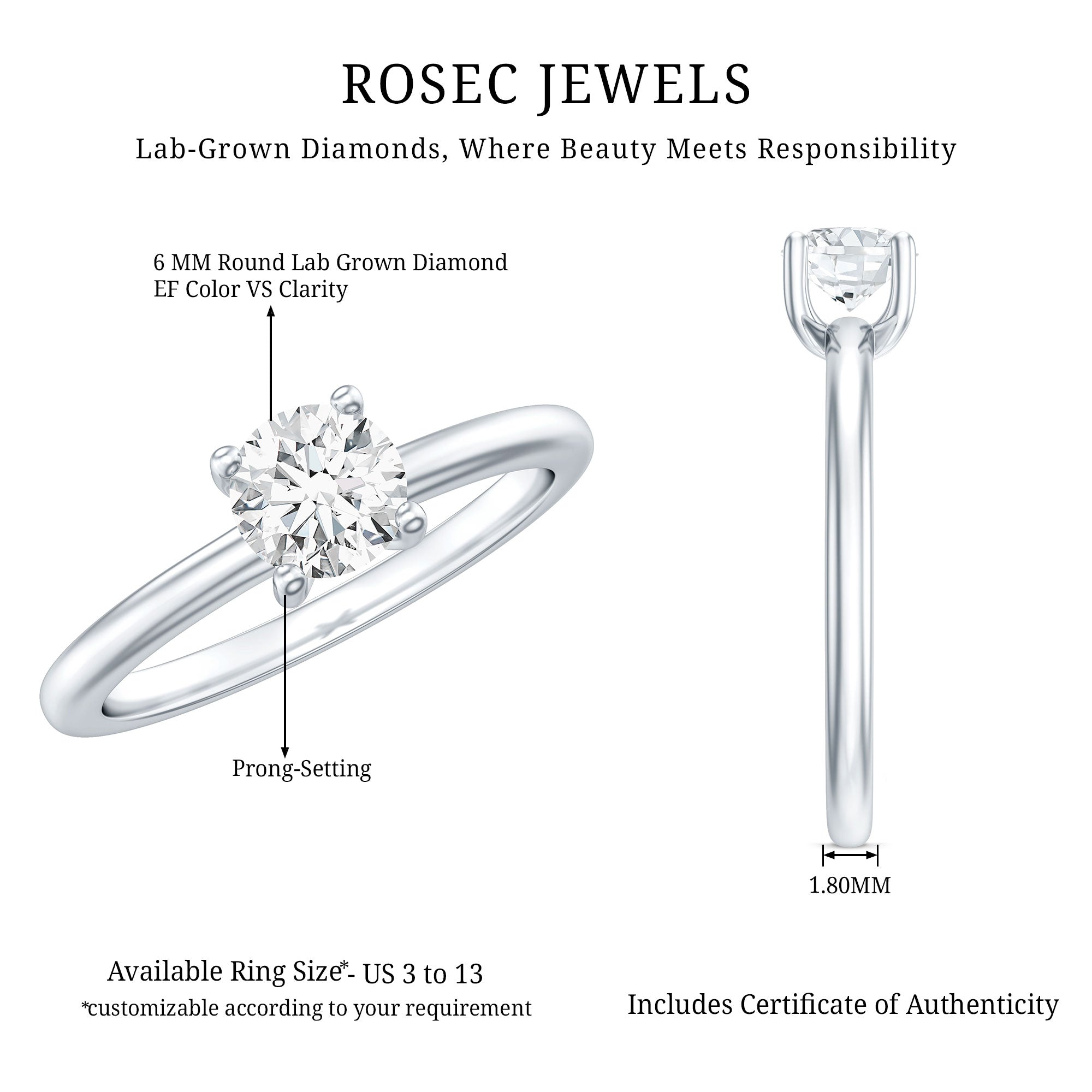Rosec Jewels-Certified Lab Grown Diamond 6 MM Round Cut Engagement Ring