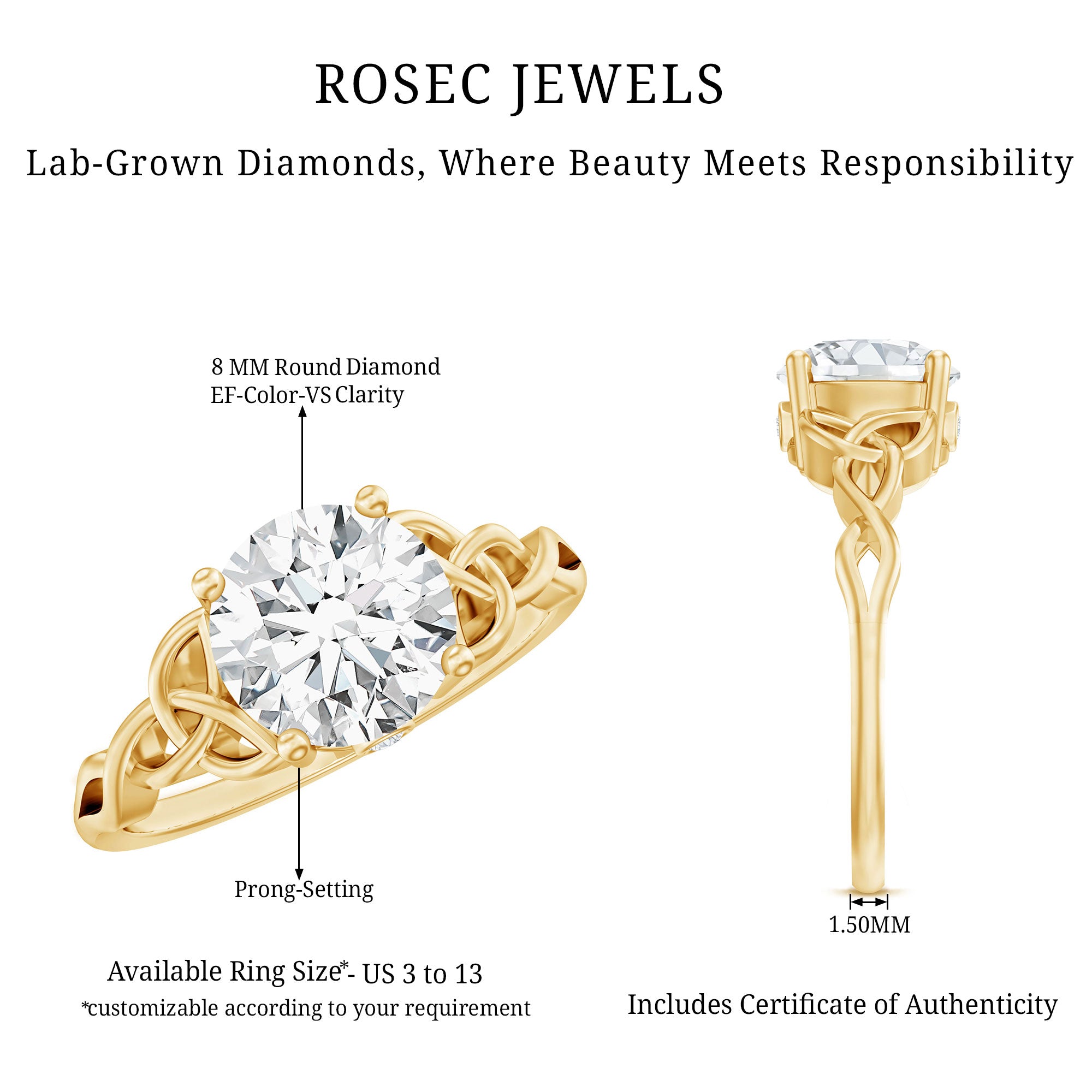 Certified 8 MM Round Lab Grown Diamond Celtic Engagement Ring Lab - ( EF-VS ) - Rosec Jewels