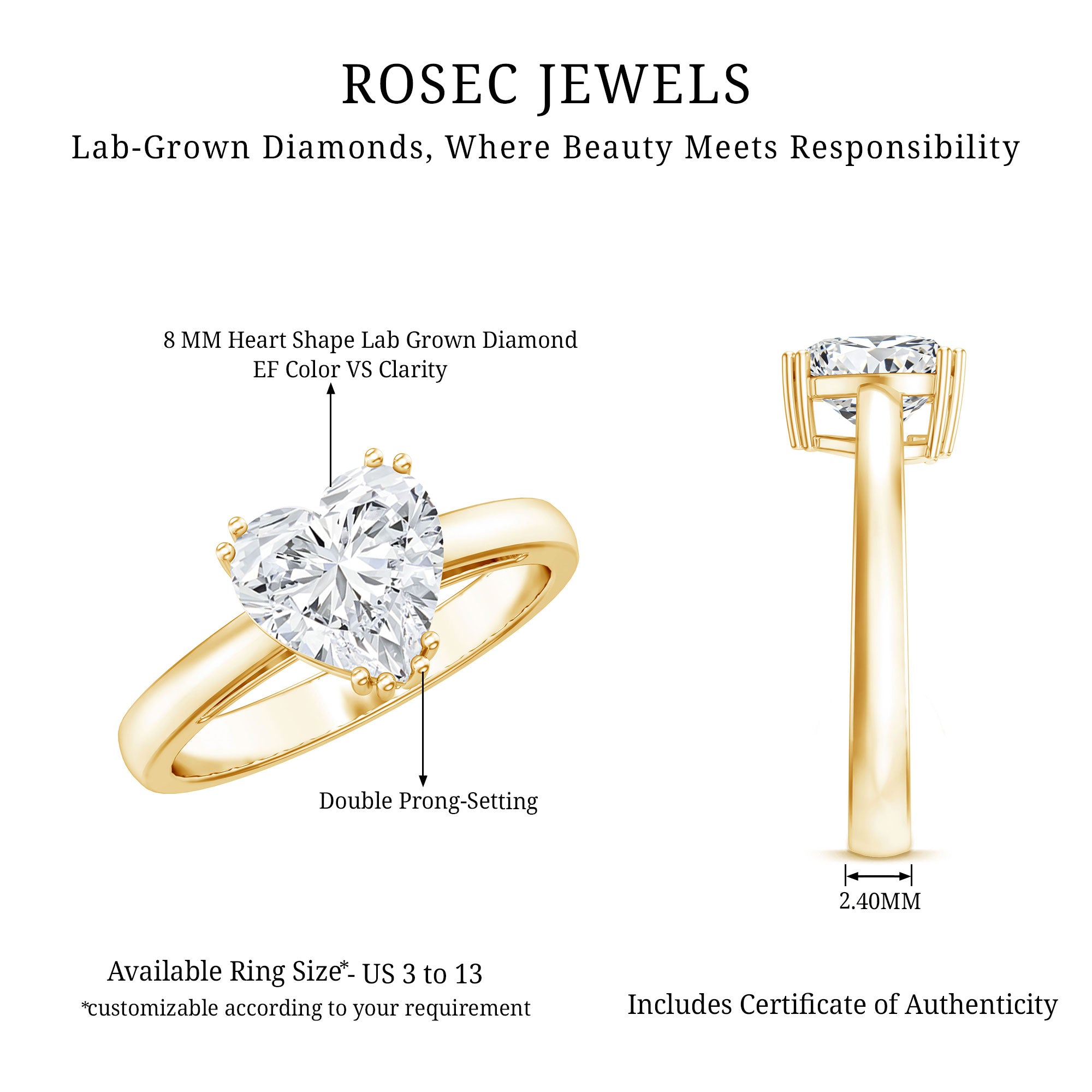 Certified Lab Grown Diamond Heart Engagement Ring 8 MM with Double Prong Lab - ( EF-VS ) - Rosec Jewels
