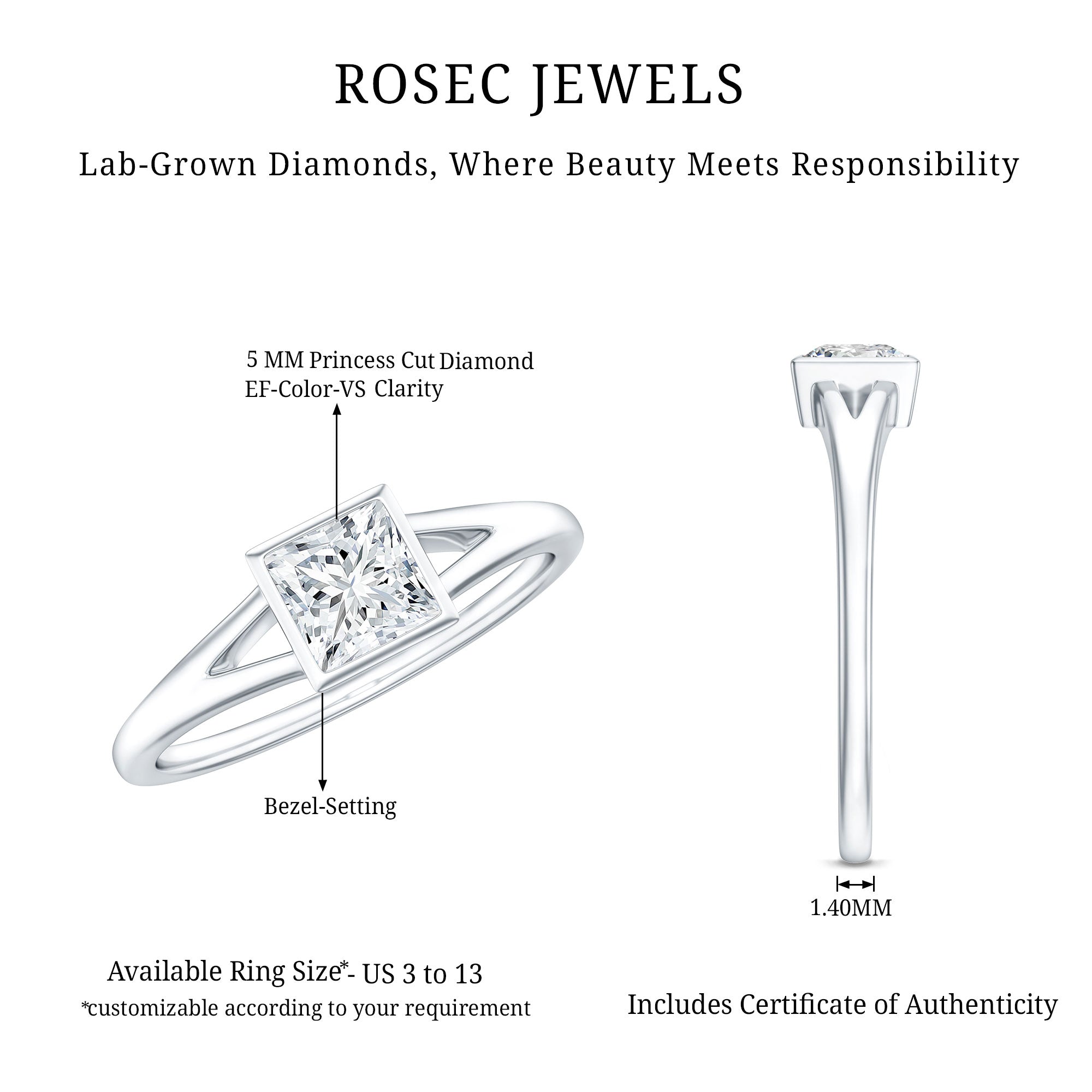 Certified Lab Grown Diamond 5 MM Solitaire Promise Ring Lab - ( EF-VS ) - Rosec Jewels