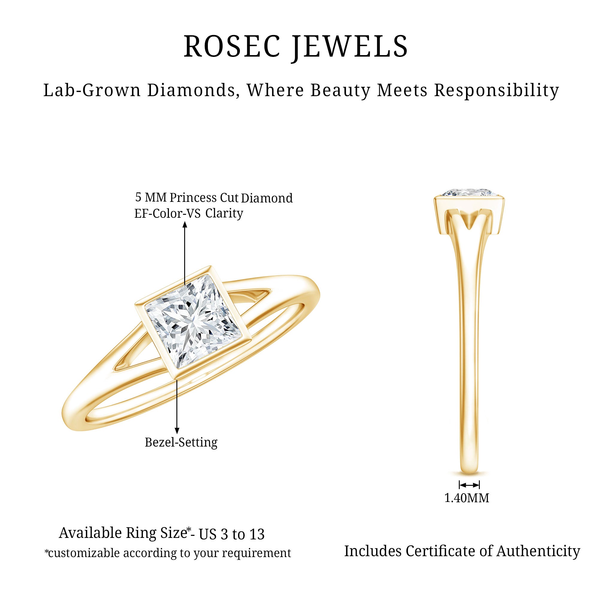 Certified Lab Grown Diamond 5 MM Solitaire Promise Ring Lab - ( EF-VS ) - Rosec Jewels