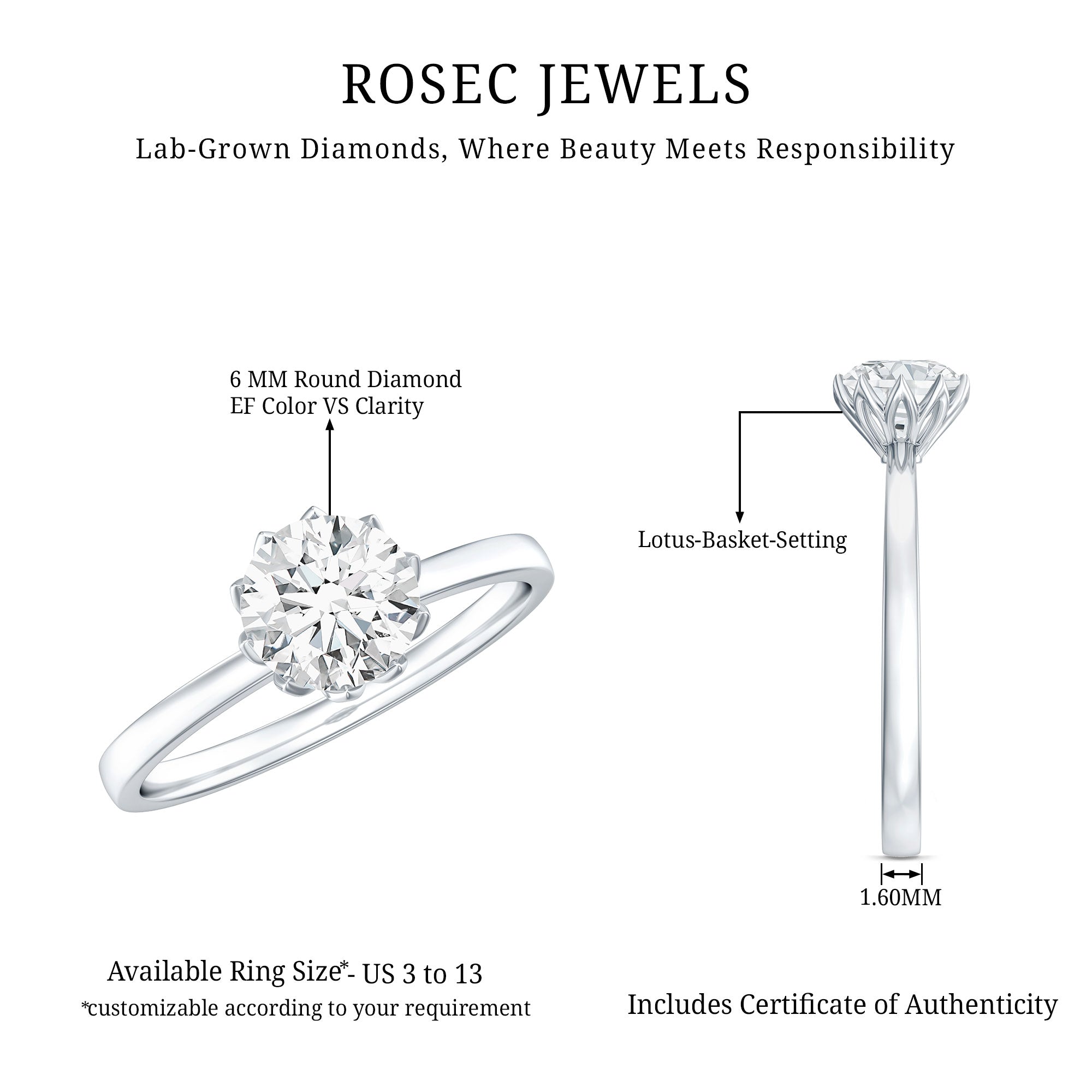 Rosec Jewels-Lab Grown Diamond 6 MM Round Cut Engagement Ring