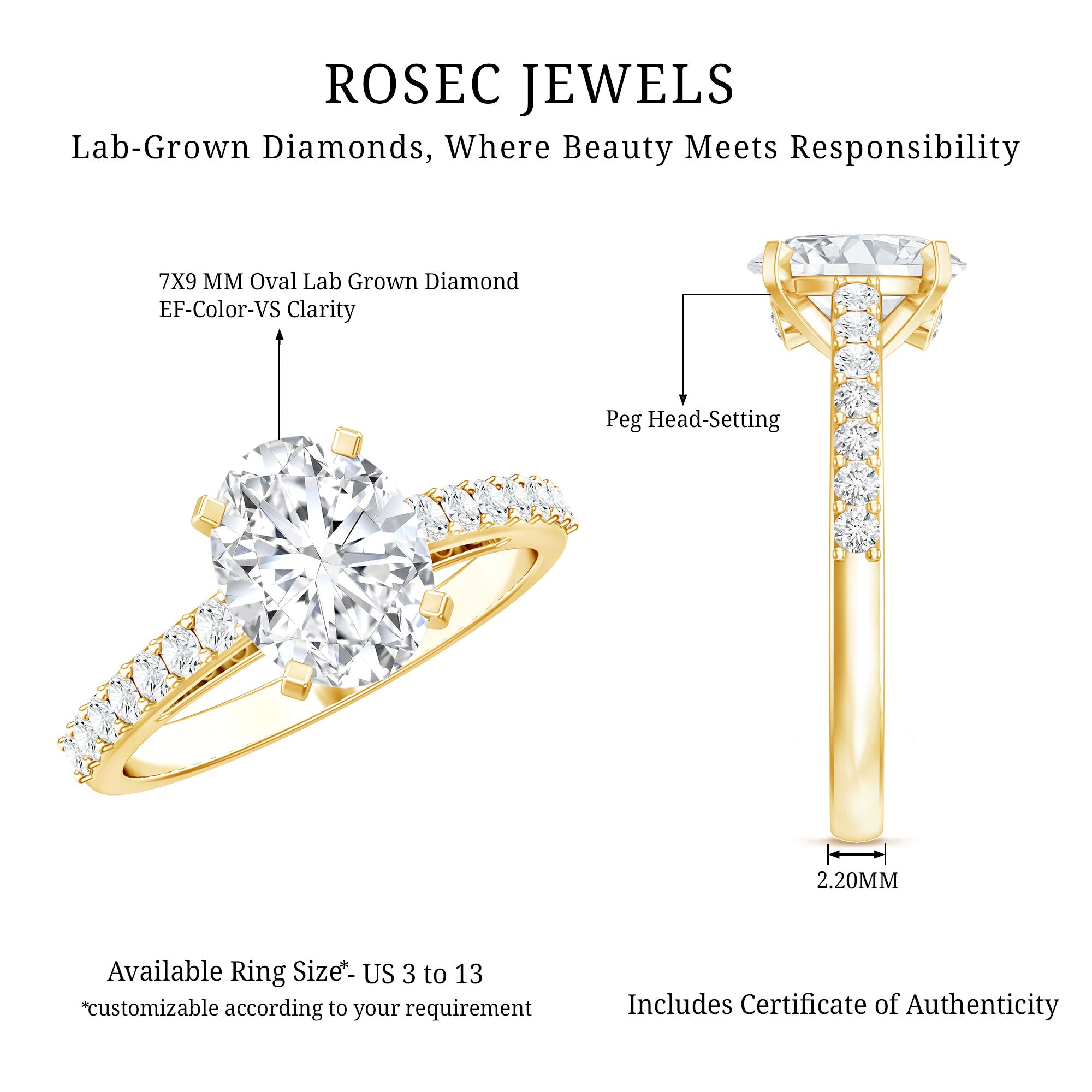 Certified Lab Grown Diamond 2 Carat Engagement Ring With Side Stones Lab - ( EF-VS ) - Rosec Jewels