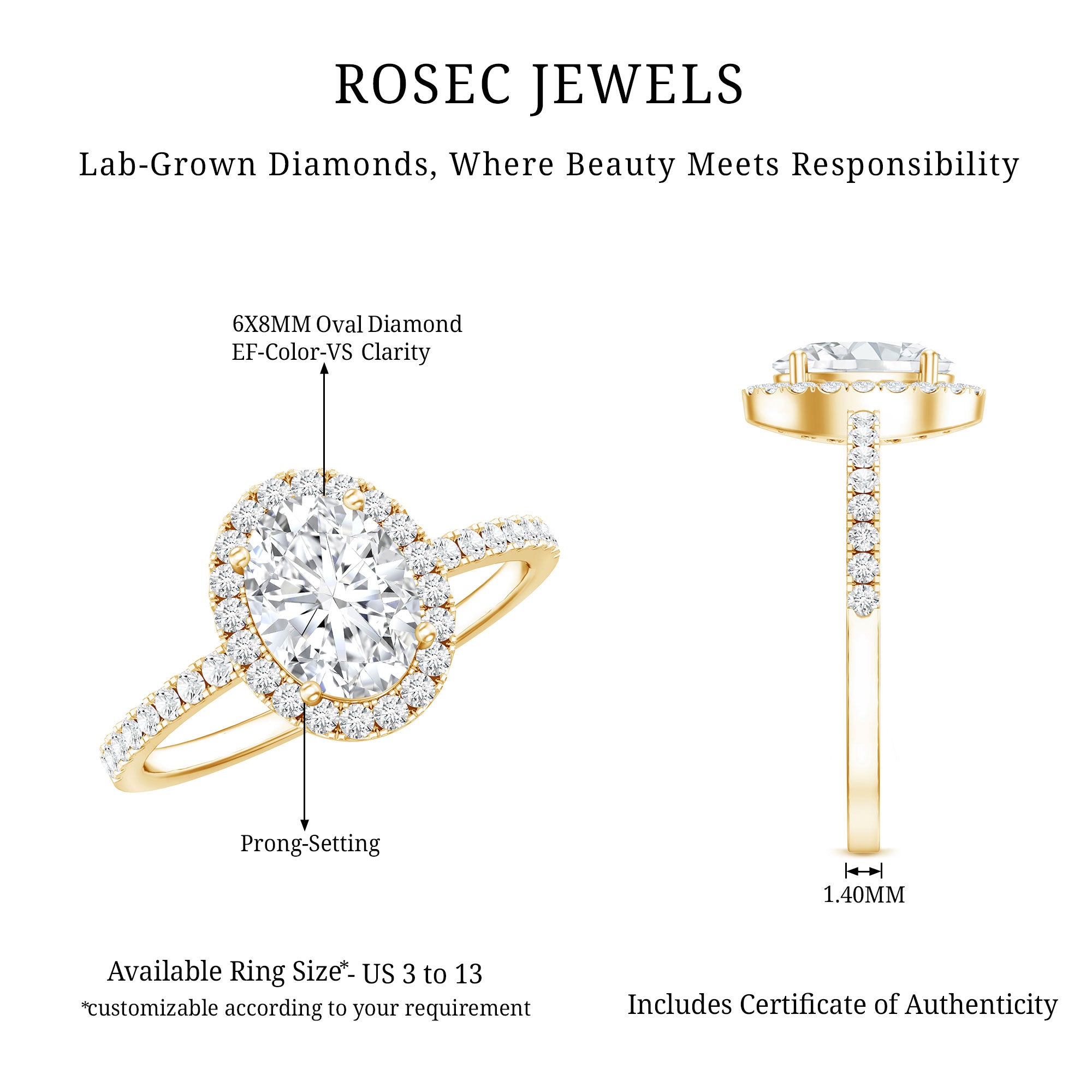 Certified Lab Grown Diamond 6X8 MM Oval Engagement Ring With Side Stones Lab - ( EF-VS ) - Rosec Jewels